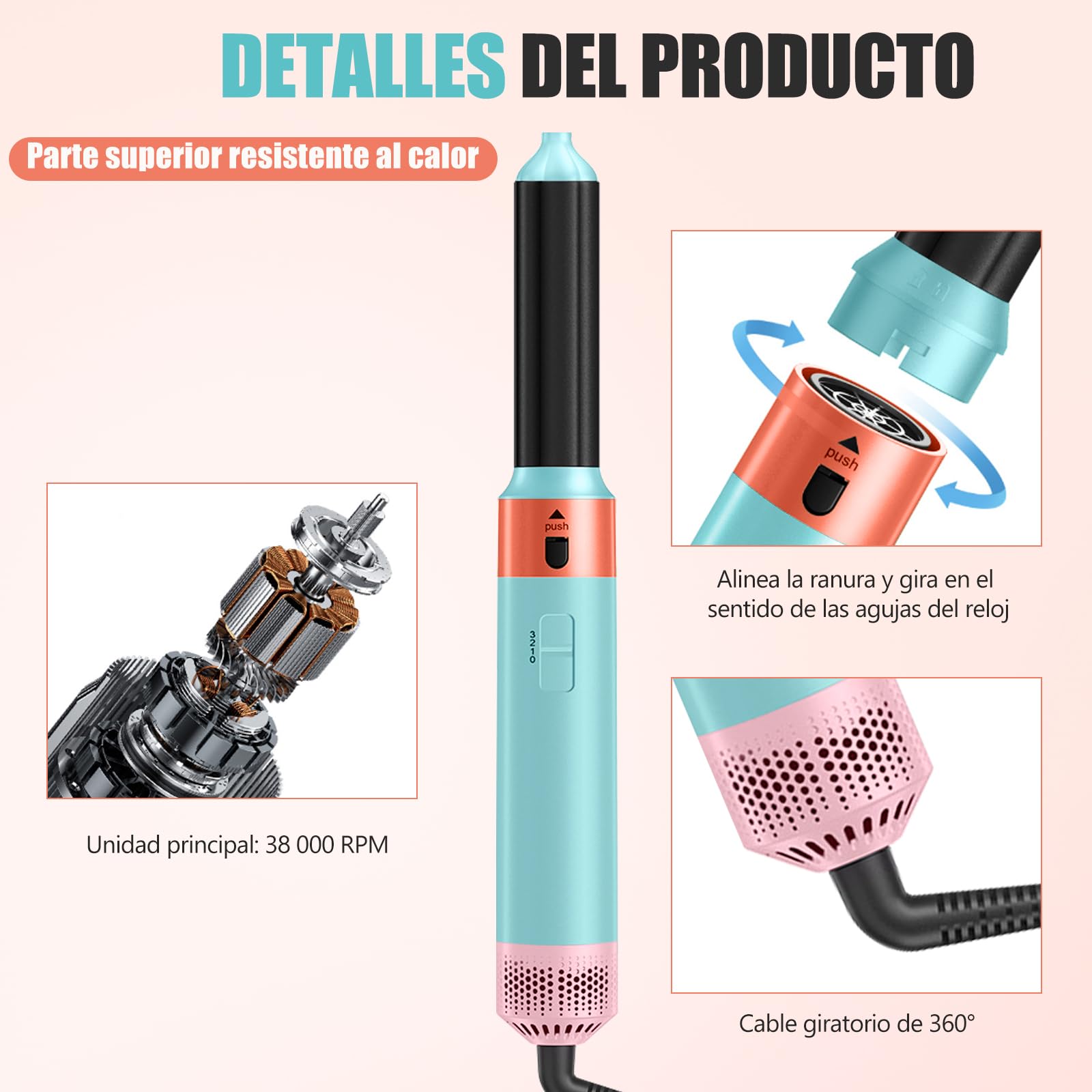 Cepillo Secador de Pelo 5 en 1,Hair- Styler- Wrap 1000W,Cepillo de Aire Caliente Set, Elimina El Frizz, 3 Temperaturas, cepillo electrico Pelo, cepillo Alisador, Rizador, Voluminizador (Azul)