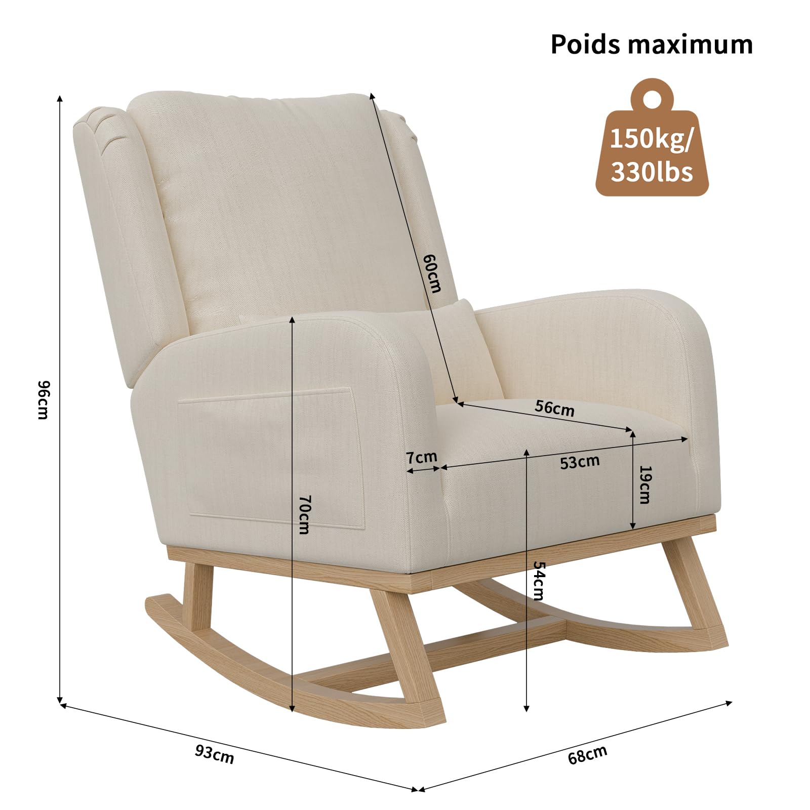 Rocking Chair,Living Room Rocking Chair Interieur,Chaise à Bascule avec Coussin Lombaire,Fauteuil Allaitement en Tissu en Lin avec Pieds en Bois Massif,Beige