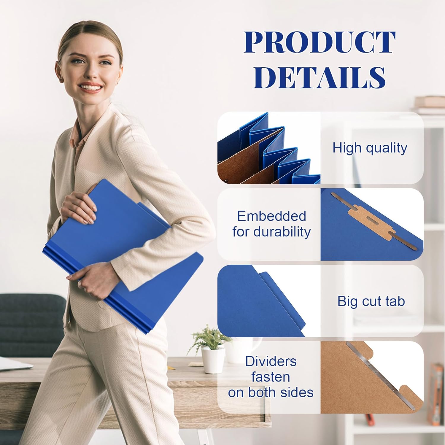 Skyygemm 48 Pcs Classification Folders Letter Size, 3 Divider Pressboard File Folder with Fasteners, Expanding File Organizer Bulk for School Teachers, Office Employee, Coworker, Staff (Dark Blue)