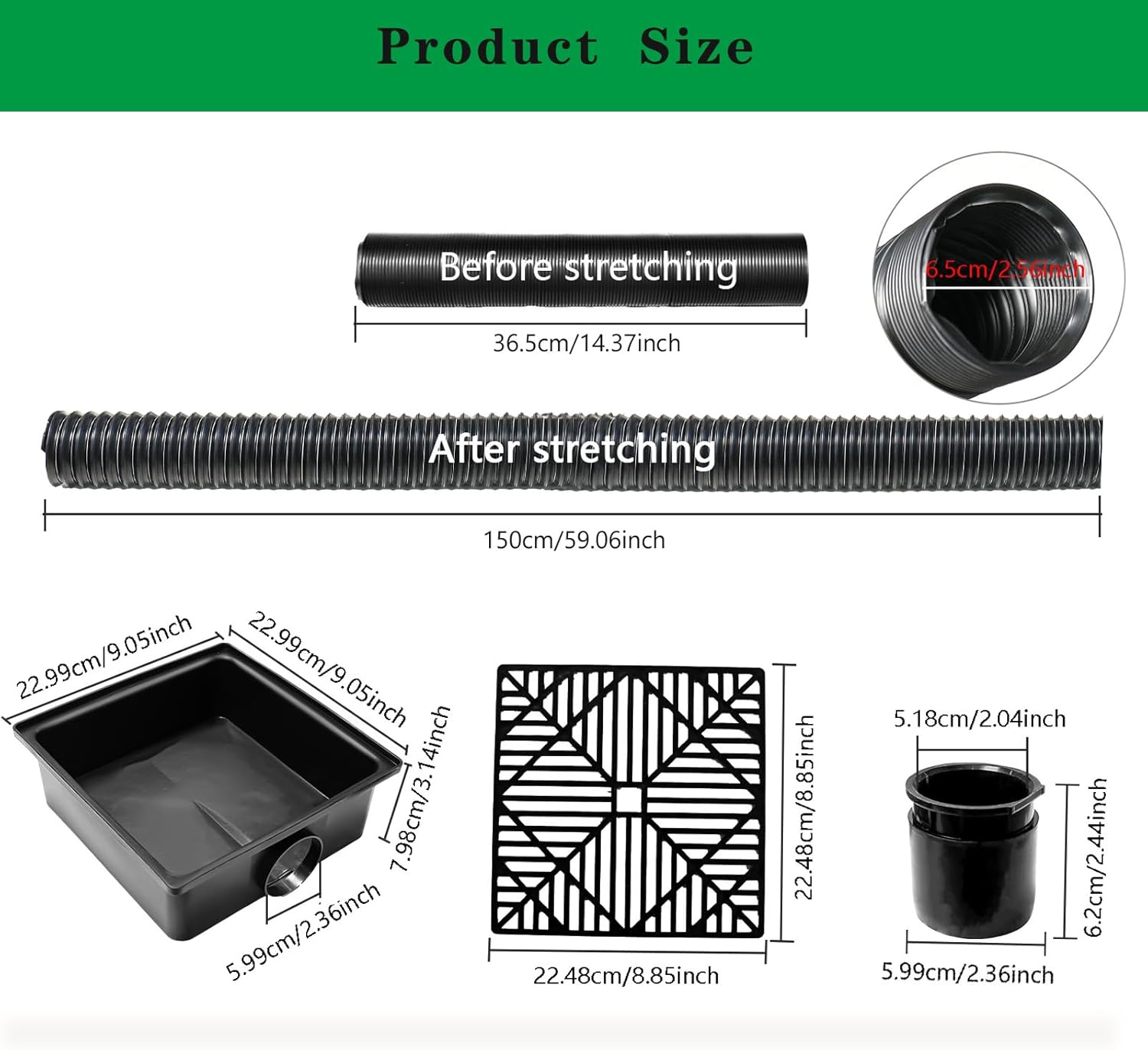 Square Gutter Downspout Extensions, 9"×9" No Dig French Drain Low Profile Catch Basin Drain Kit Downspout Extender Underground Downspout Drain Kit, Flexible Pipe Extension to 5ft
