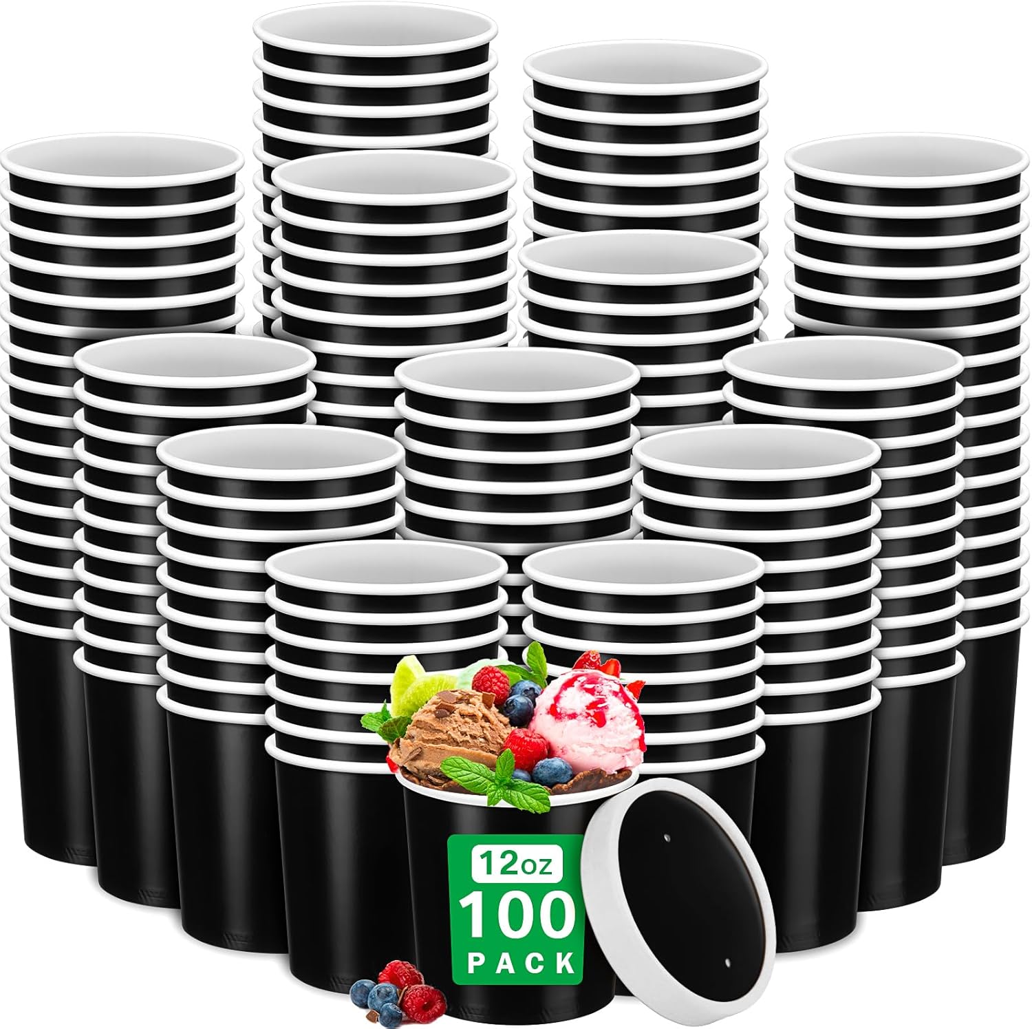 Irenare 100 Pcs 12 oz Ice Cream Paper Cups with Lids Disposable Dessert Bowls Hot Soup Containers Kraft Paper Food Containers for Easter Wedding Cold and Hot Foods Sundae Yogurt(Red,100 Pcs)