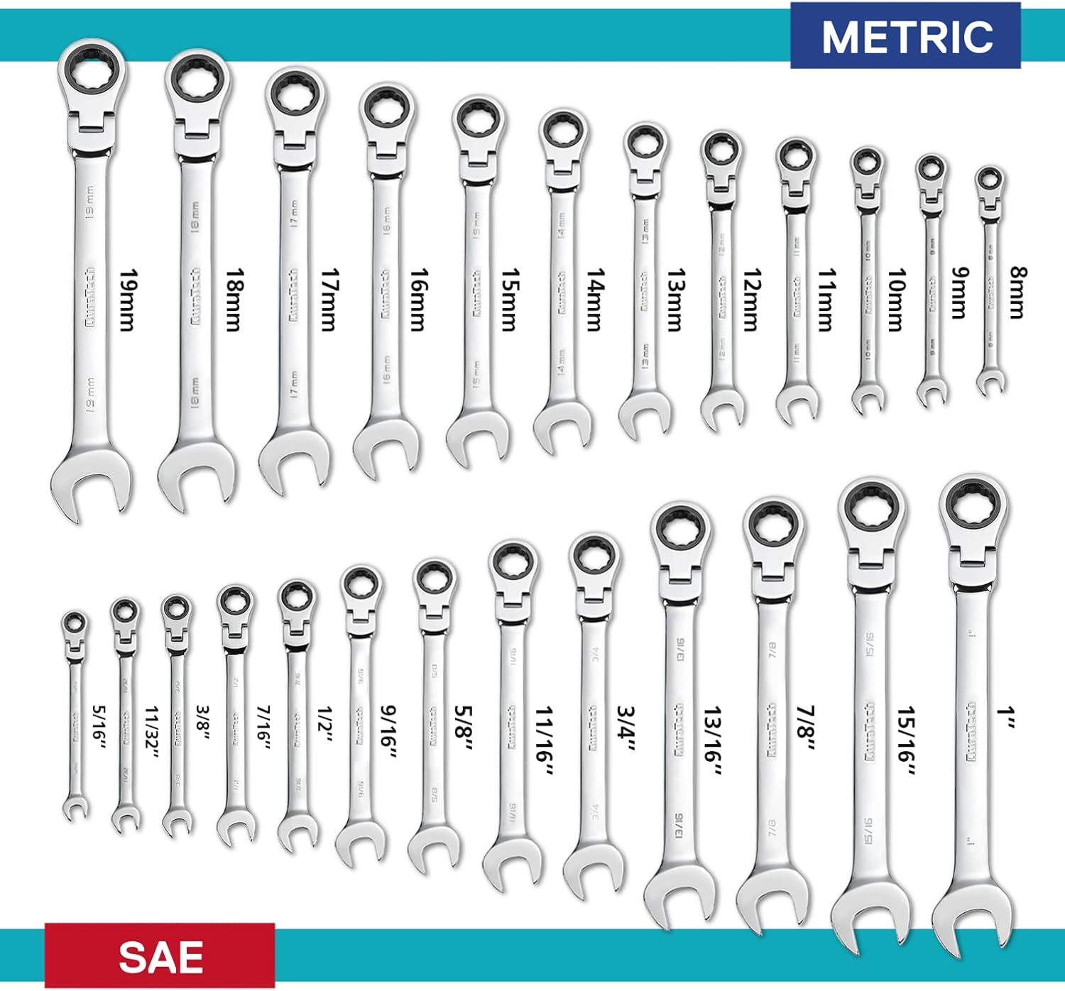 DURATECH 25-Piece Flex-Head Ratcheting Combination Wrenches Set, Metric & SAE, 8-19mm & 5/16'' to 1'', CR-V Steel, with Rolling Pouch