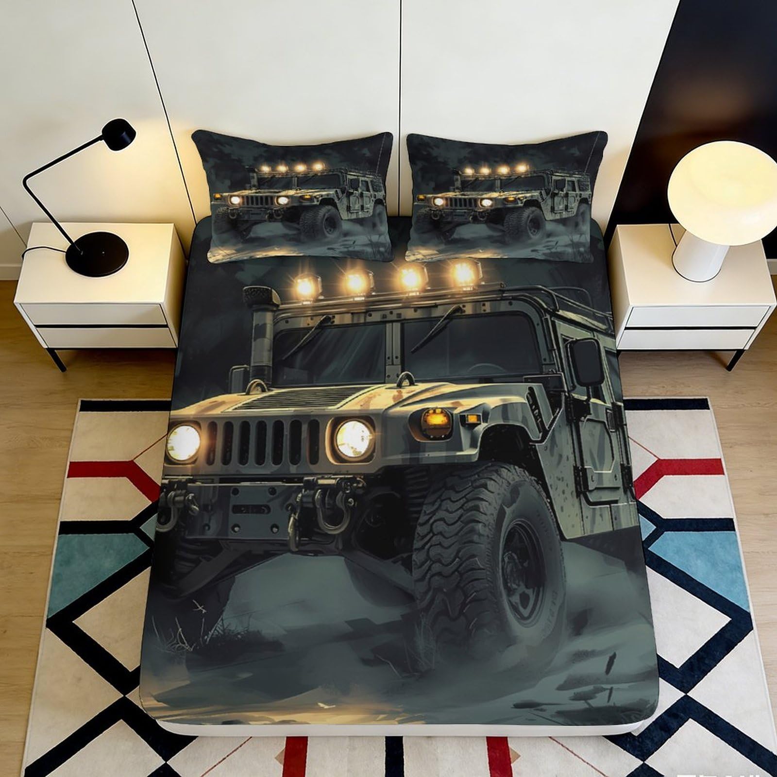 3D Printed Military Truck Fitted Sheet Microfiber Durable Breathable Camouflage Bed Cover for Bedroom Dormitory Guest Room Mattress Protection Decor 120x200x25cm
