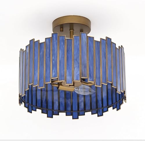 Lámpara de techo de latón antiguo en forma de tambor, lámpara Tiffany moderna de montaje semiempotrado de 12.5 pulgadas con vidrio azul morado,
