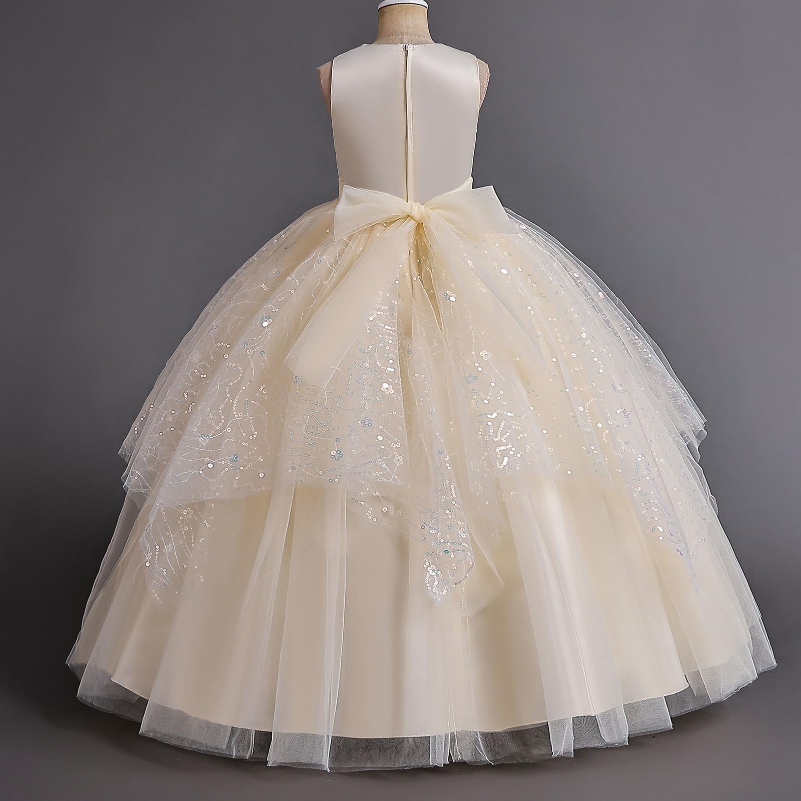 IDOPIP Kleid für Kinder, Mädchen, Hochzeit, Spitze, Tüll, ohne Ärmel, Stickerei, Perlen, Schleife, Brautjungfer, Geburtstag, Party, Prinzessin, lang, Ballkleid, Abendkleid