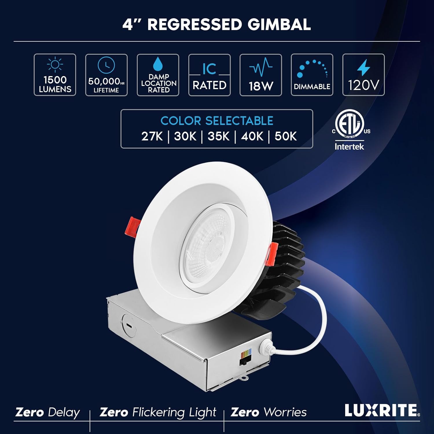 LUXRITE 4 Inch Gimbal Adjustable LED Recessed Light with J-Box, CRI90, 18W, 5 Color Selectable 2700K-5000K, 1500 Lumens, Dimmable, Directional LED Downlight, IC Rated, Damp Rated, ETL Listed