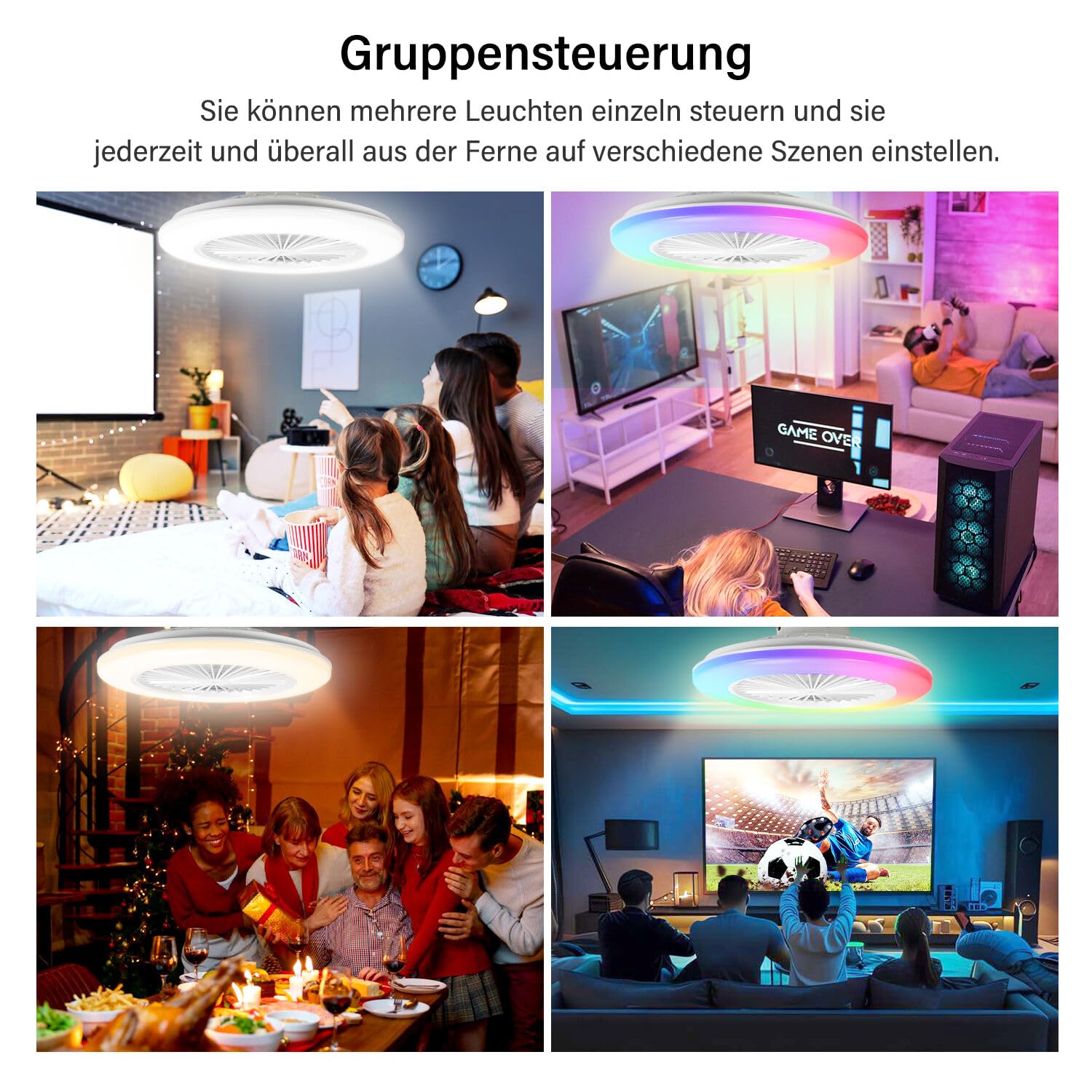 Deckenventilator Mit Beleuchtung, Smart RGB LED Fan Licht, φ50cm Deckenleuchte mit Ventilator, dimmbar, App und Fernbedienung, 6-Gang, 3 Farbtemperatur, Timer, Sommer/Wintermodus