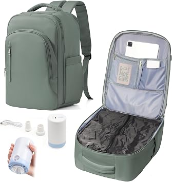 Vacuum Backpack Travel with Pump for Women, Personal Item Carry on Backpack Flight Approved 18x14x8 inches for Men, Waterproof Work Laptop Casual Daypack - Green