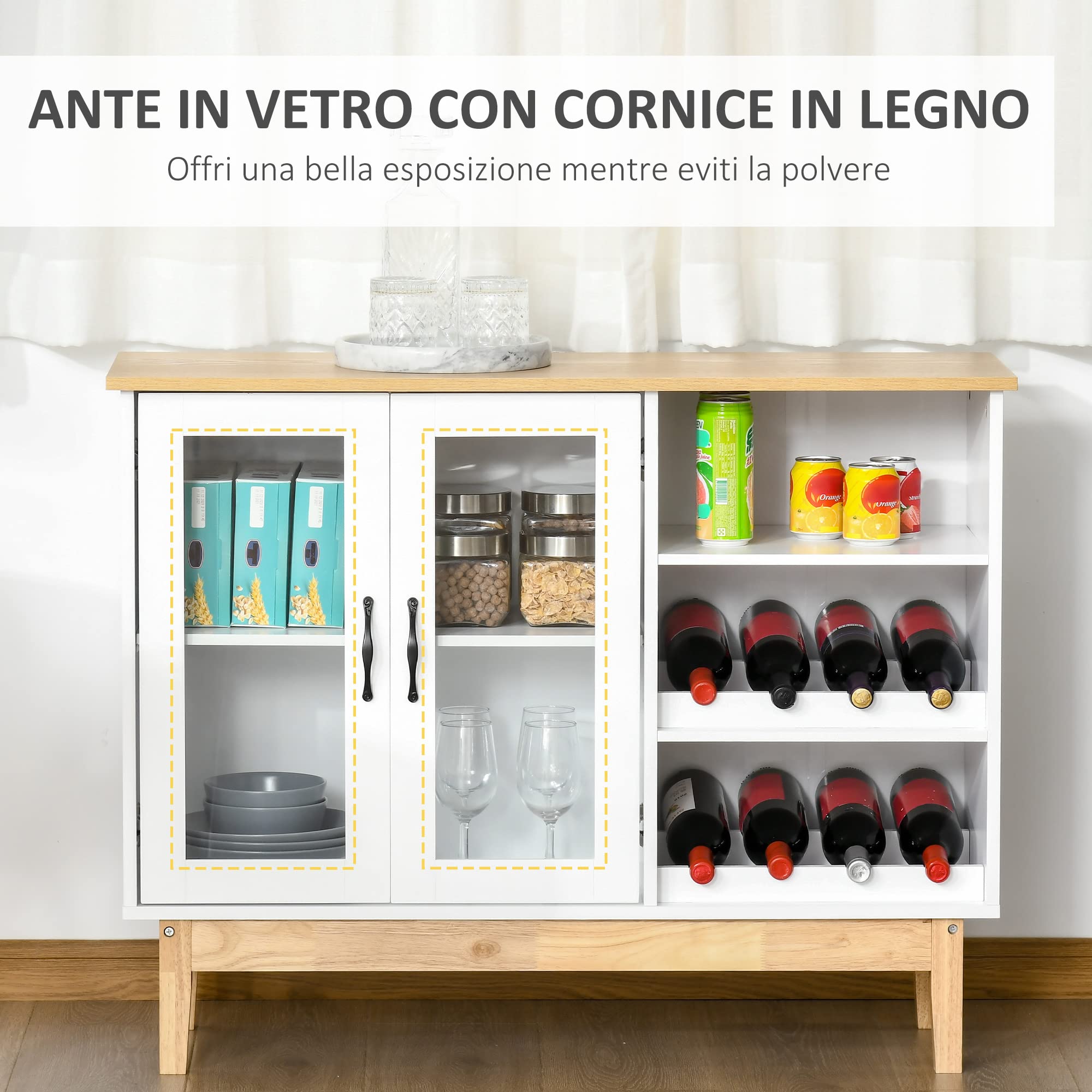 HOMCOM Credenza Moderna con Armadietto, 3 Ripiani Laterali in Legno Massiccio con Cantinetta Portabottiglie, Salvaspazio, 103x34x80cm Bianco