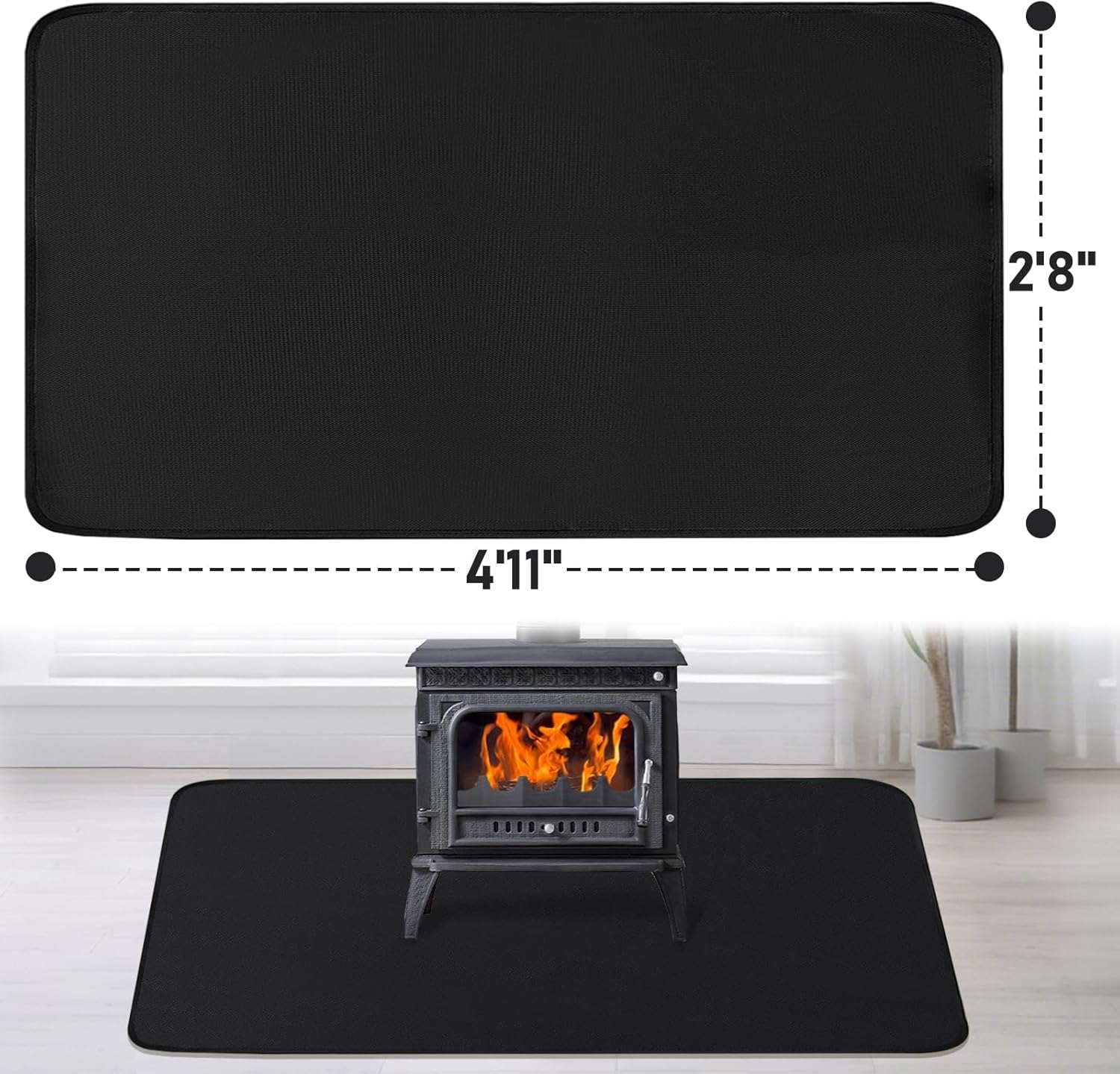 Fireplace Mat, 2'8'' x 4'11'' x 0.04'' Fireplace Rug, Hearth Rug for Wood Stove Fireplace Indoor Outdoor, Thin Fireplace Rugs Fire Resistant Protects Floors Carpets from Sparks Embers, Black