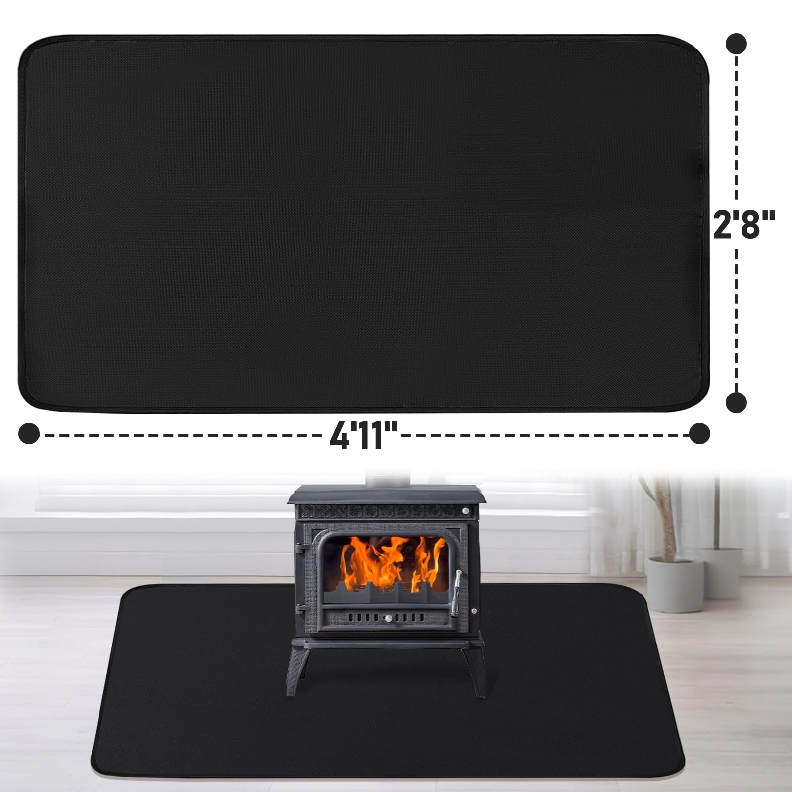Tappetino per camino, 70 x 100 x 0,1 cm, tappeto per camino per stufa a legna per interni ed esterni, sottile tappeto ignifugo protegge pavimenti da scintille braci, nero