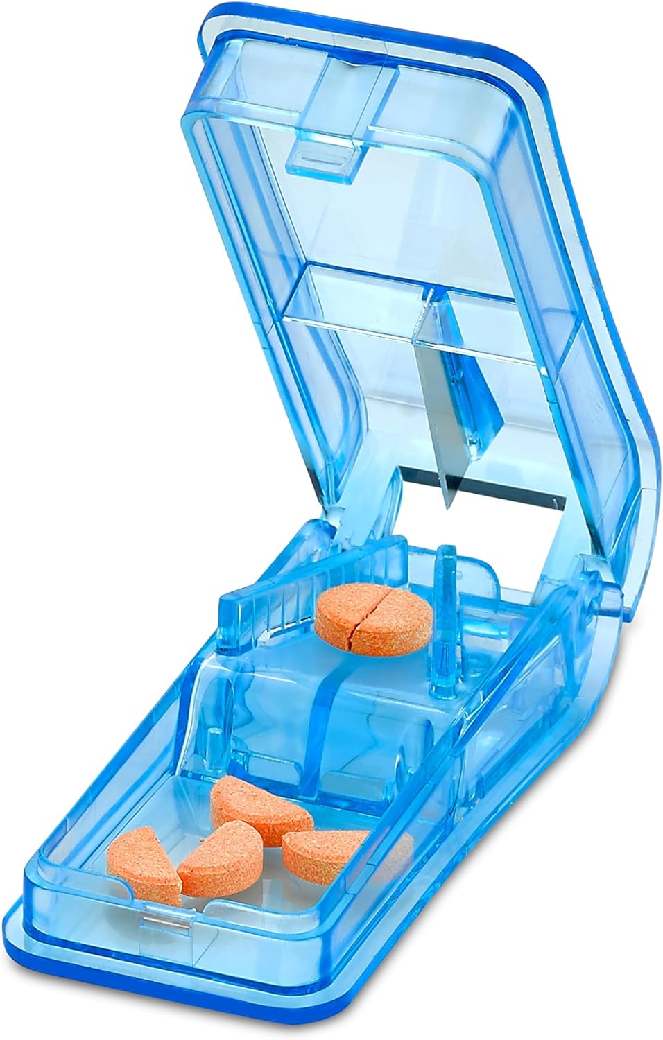 Pill Cutter – V- Grip Pill Crusher and Cutter for Vitamins, Big & Small Pills, and Medication – Transparent Pill Splitter with Pill Holder Case to Split