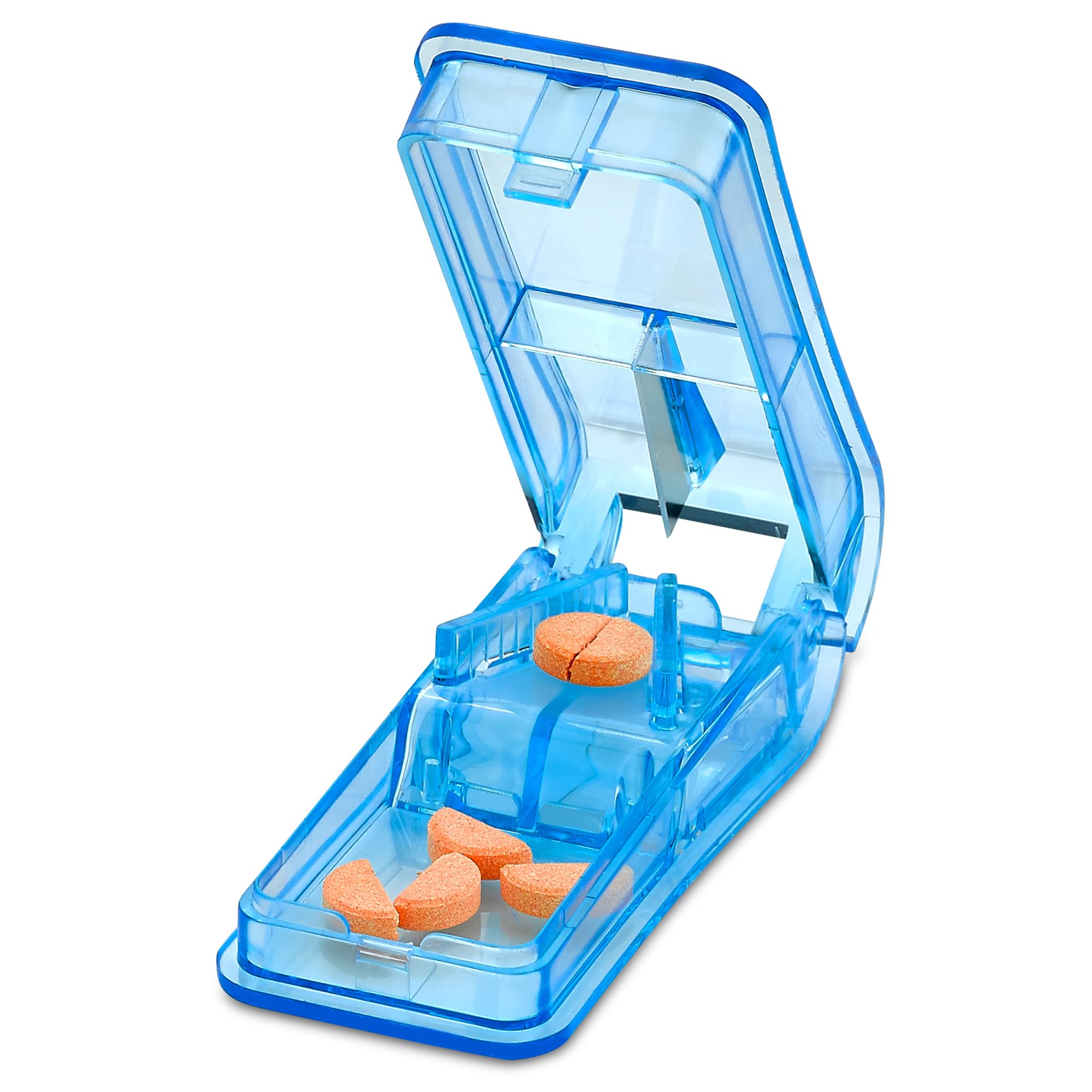 Pill Cutter - V- Grip Crusher and for Vitamins, Big & Small Pills, Medication Transparent Splitter with Holder Case to Split