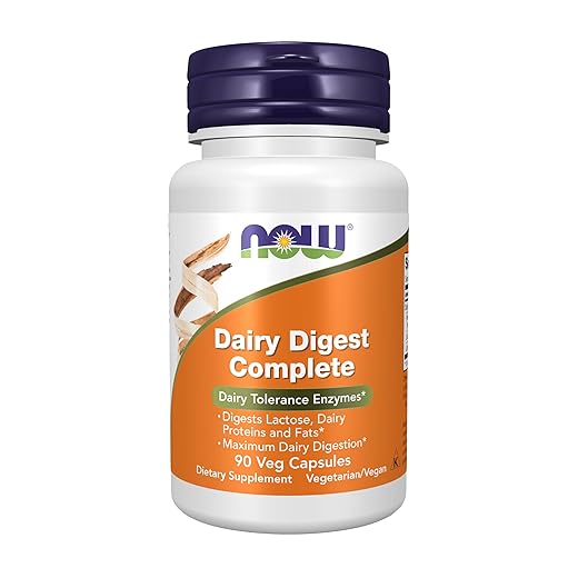 Now supplements, dairy digest complete, digests lactose, dairy proteins and fats*, dairy tolerance enzymes*, 90 veg capsules