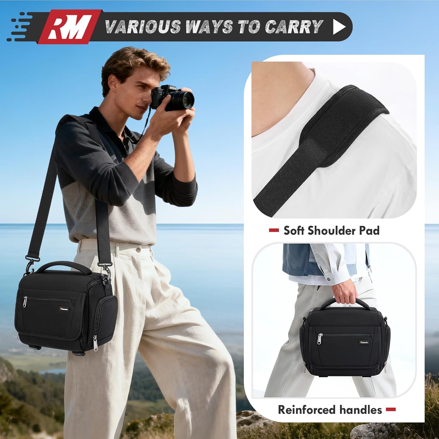 RAINSMORE Camera Bag, SLR/DSLR/Mirrorless Camera Case with Divider Tripod Holder Waterproof Sling Bag Crossbody Camera Bags for Photographers with Rain Cover for Canon/Sony/Nikon/Fuji, Black - Image 3