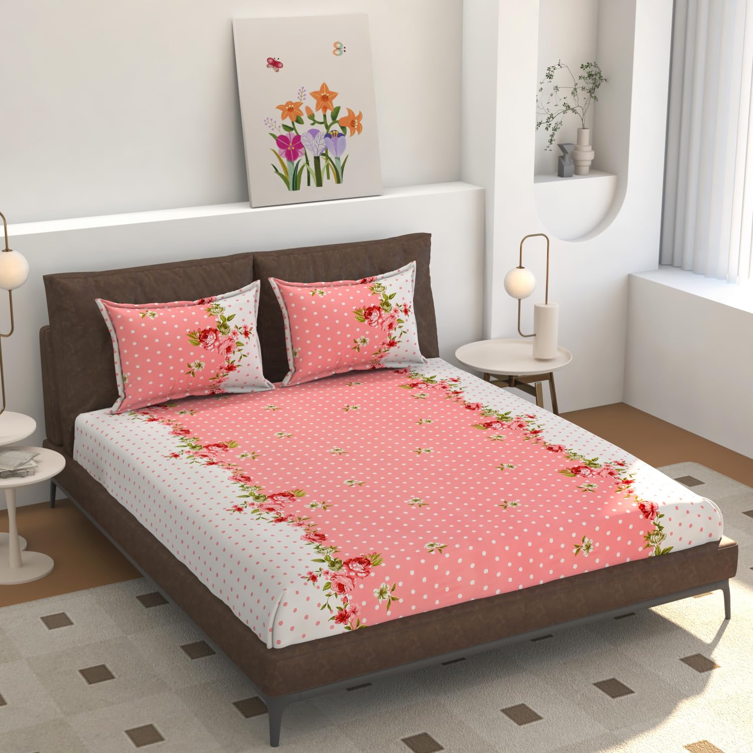 NEW TOWN Cotton Feel Glace Cotton Elastic Fitted Printed King Size Double Bed Bedsheet with 2 Pillow Covers and Fits Upto 8 inches Mattress, Size- 72"x78" Safari 7591-picture-27