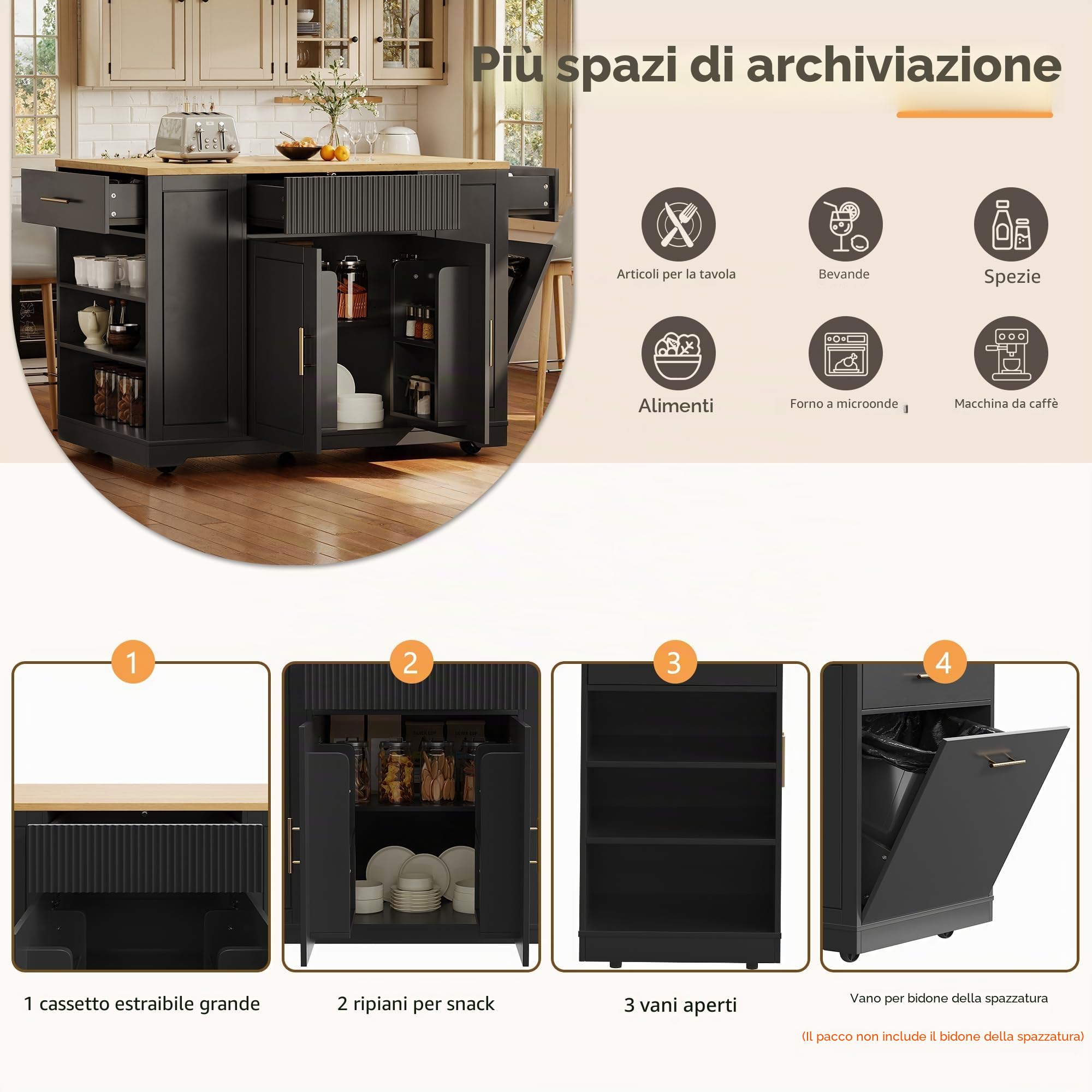 Isola da Cucina, Armadio da Cucina, 120 x 50 x 92 cm, Carrello di Servizio, con Scomparto per Pattumiera, Ripiani Regolabili, Due Ante e TRE Cassetti (Nero)