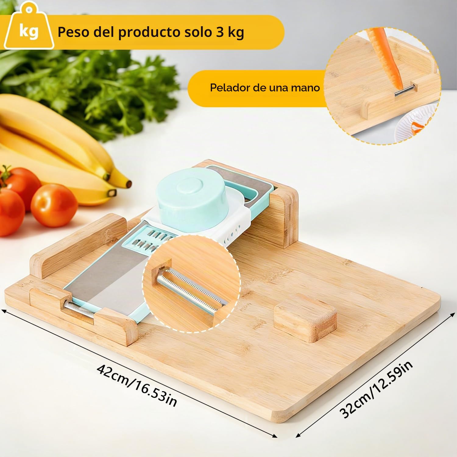 Tabla de cortar con una sola mano, 6 en 1, con topes y picos, antideslizante, tabla de cortar de madera adaptativa con una sola mano, para amputados y discapacitados, tabla de cocina multifunción para
