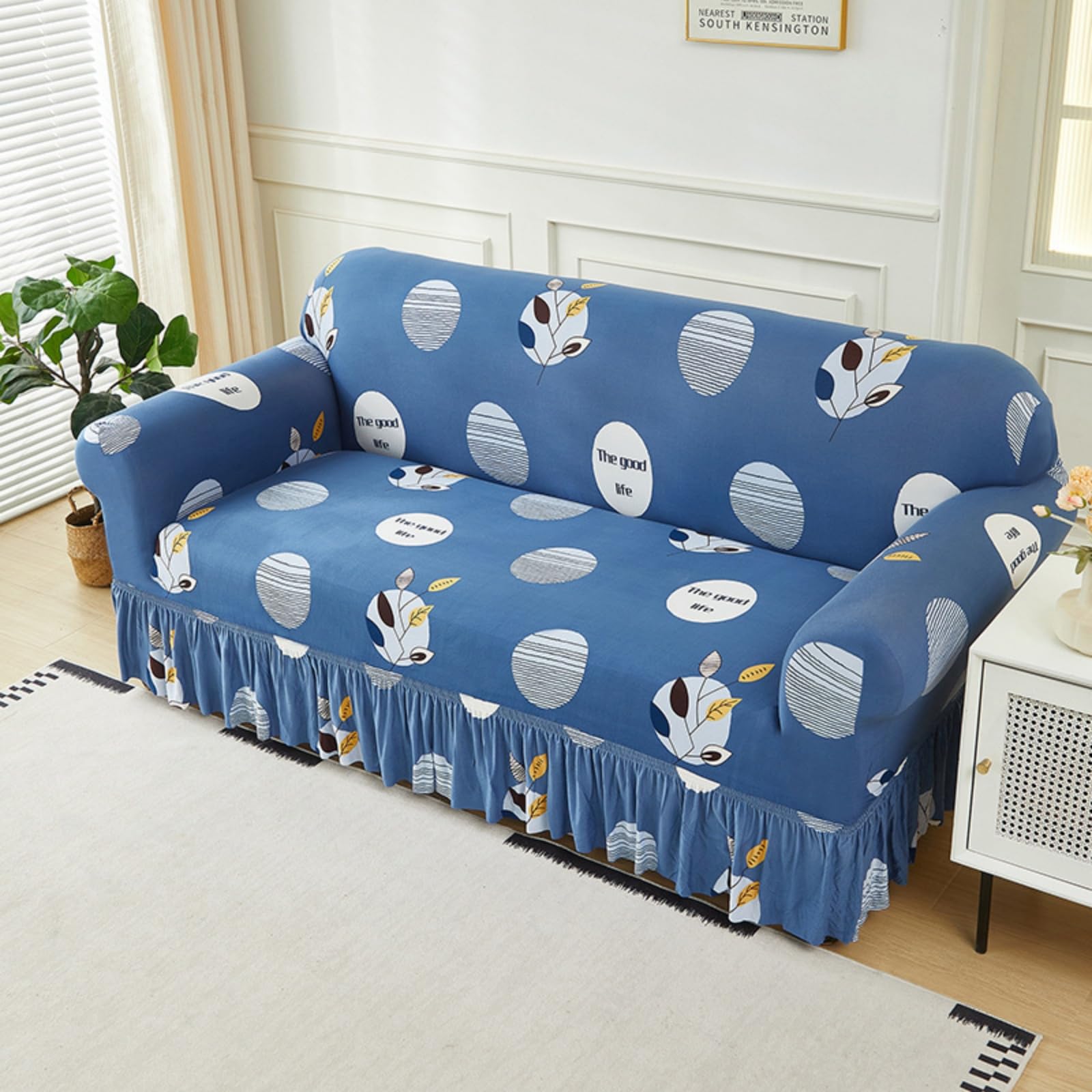 Surwin Stretch Sofa Cover 1 2 3 4 Seater, Blue Sofa Slipcover with Skirt Elastic Fit Non Slip Couch Cover Washable Thick Furniture Protector for Living Room Pets Cats (Nordic,4 Seater)