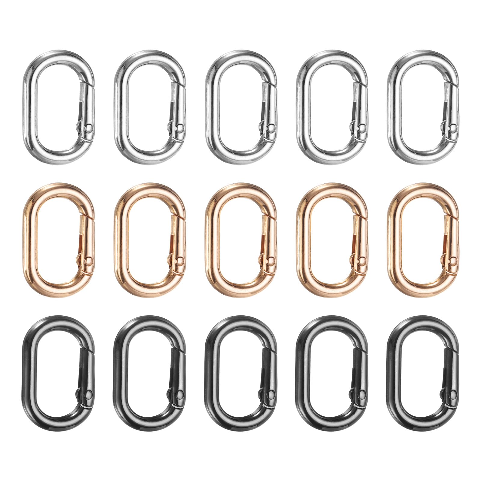 sourcing map 15 Pcs Spring Oval Rings, 15.5mm/0.6" ID 40mm/1.6" OD Spring Key Ring Clips Snap Buckle Zinc Alloy Trigger Rings for Keyring Buckle Handbag Purses Wallets, Light Gold/White/Black