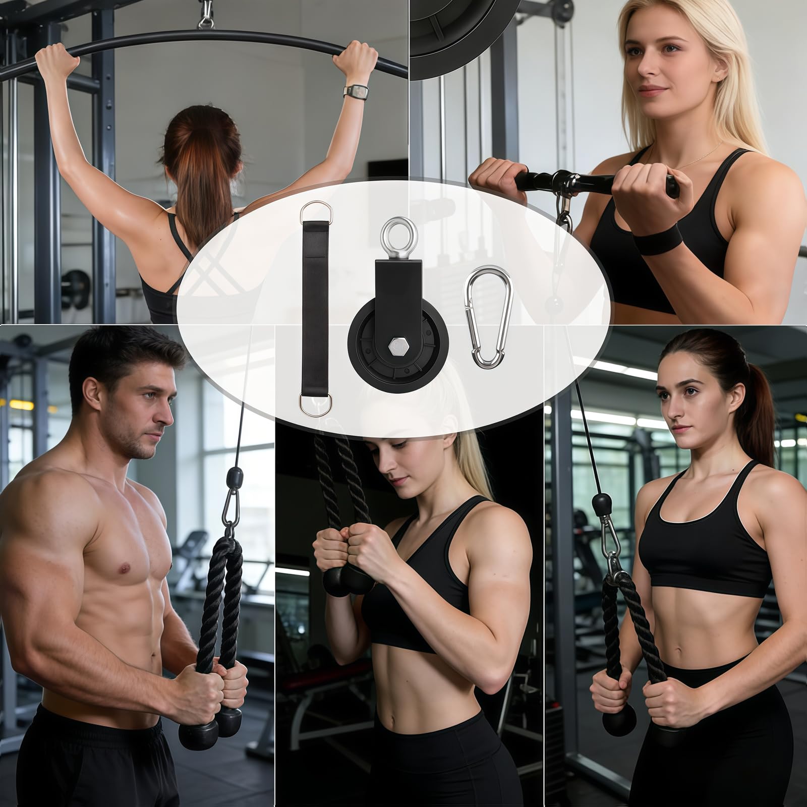Umlenkrolle Seilrolle mit Hängegurt Karabiner Fitness Flaschenzug DIY Latzug Seil 90mm Seilrolle Fitness Latzugstange Seilzug Schaukelzubehör Trainer Zubehör für Home Gym Fitnessgeräte