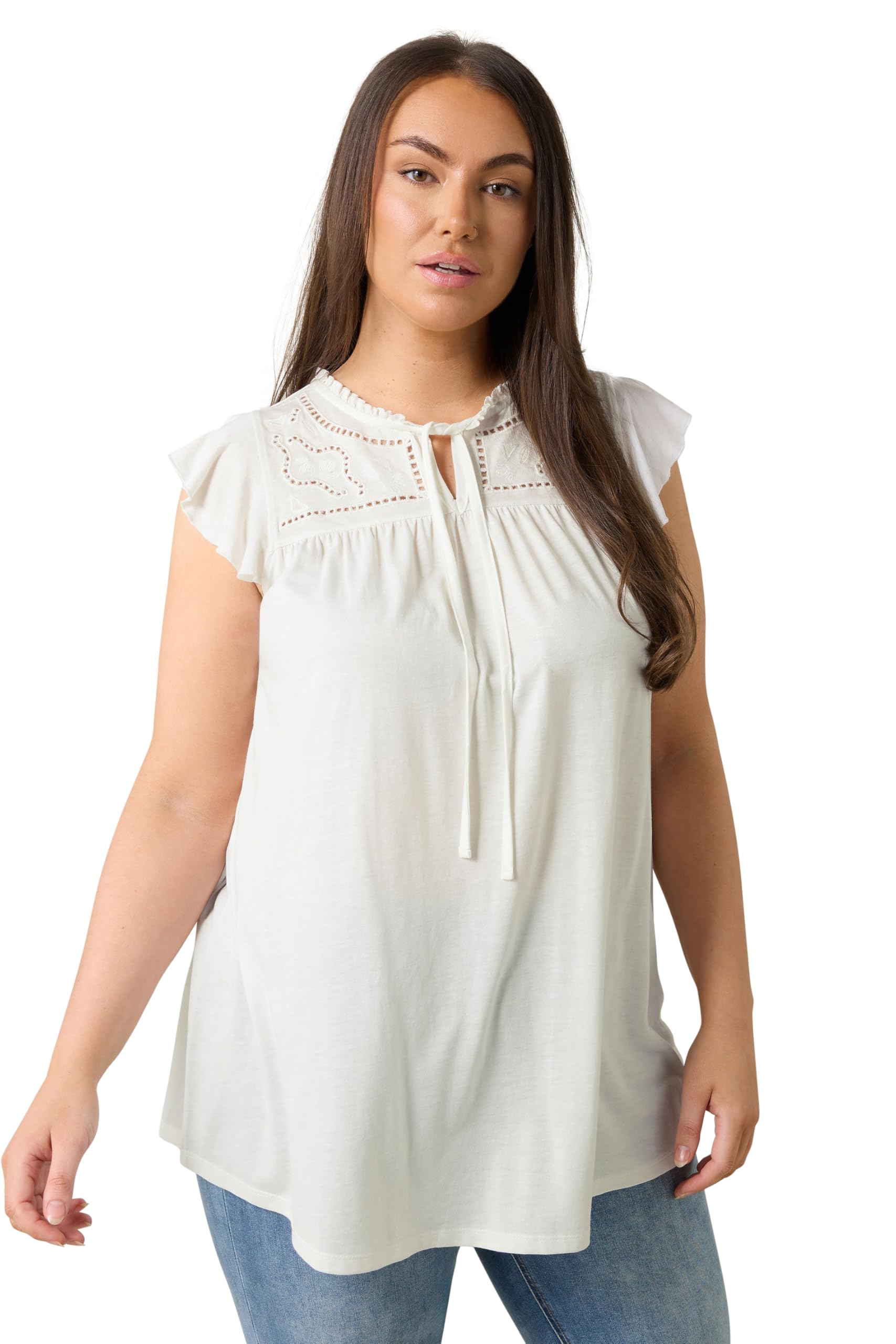 Evans Women's White Curve Cutwork Tie Neck Modal Blouse - Plus Size Curve