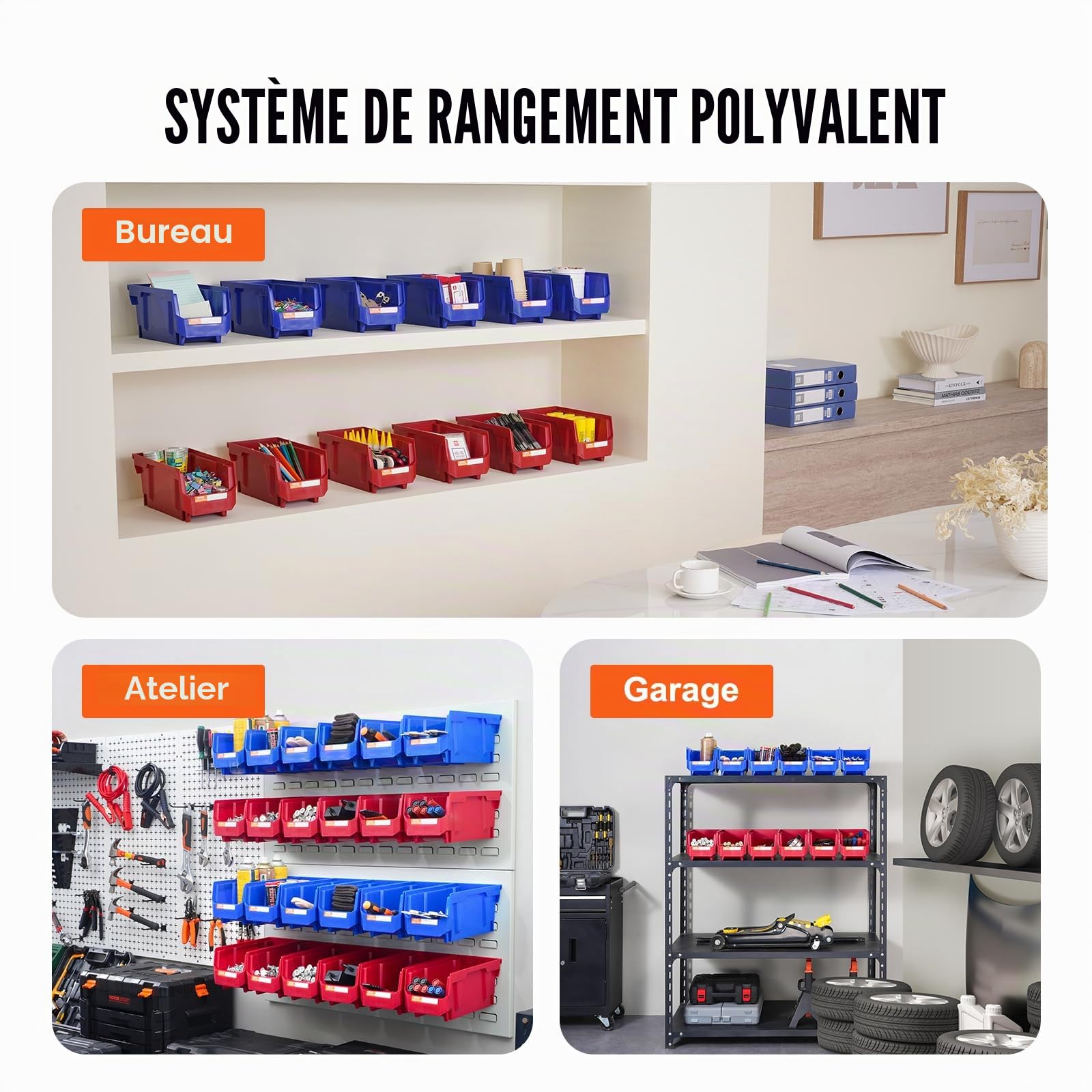 VEVOR Bac à Bec Plastique 12 Boites Rangement Empilables Atelier 276x139x128 mm Bleu/Rouge Combinaison Conteneur de Stockage Robustes pour Placard, Cuisine, Bureau, Garde-manger, Étagère, Mur d'Outils