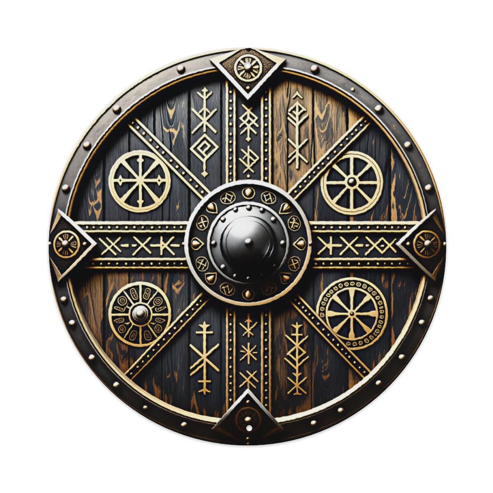Viking Rune Shield Norse Mythology Round Wall Art Vintage Aluminium Metal Sign, Retro Wall Decor for Home, Bar, Garage & Farmhouse 20x20cm
