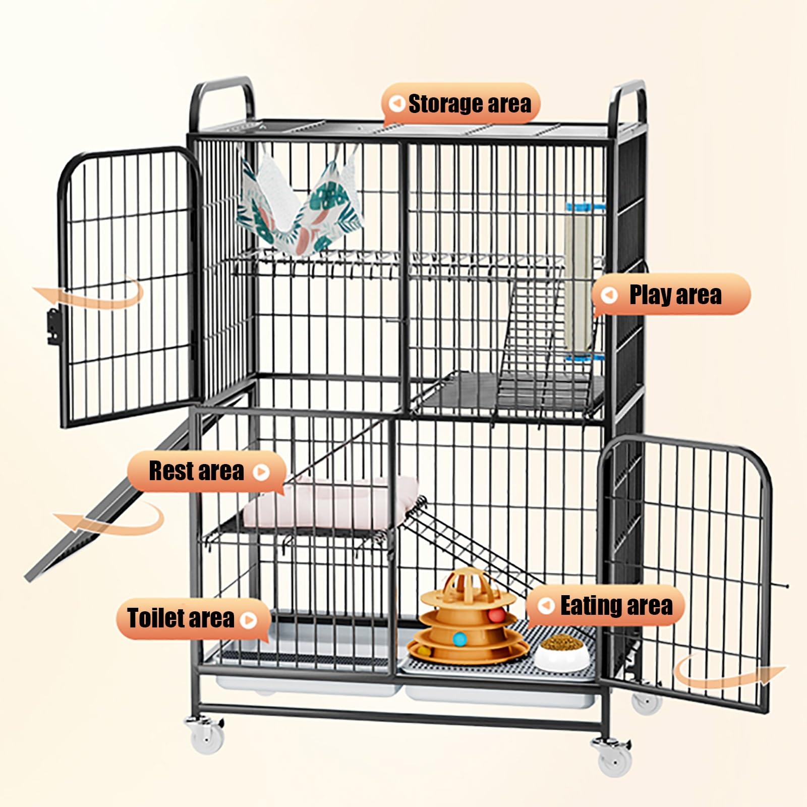 Gabbia per gatti grande, gabbia per animali domestici, gabbia per gatti in filo metallico, box giochi, cuccia per gatti da interno, fondo con rotelle, posizione di movimento libero, per 1-2 gatti