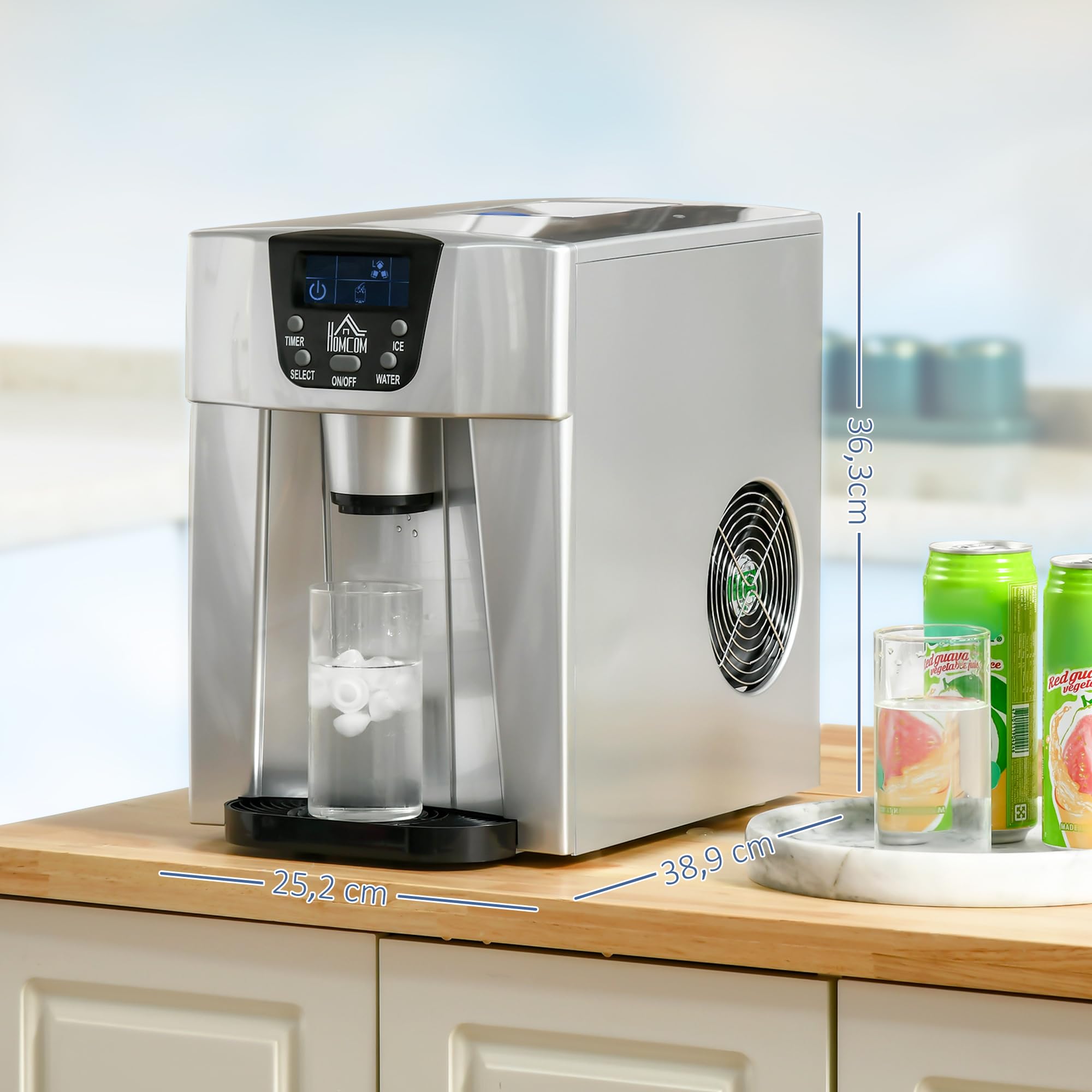 HOMCOM Macchina per cubetti di ghiaccio, 9 cubi, pronta in 6-10 minuti, 12 KG/24 H, stazione d'acqua con serbatoio d'acqua da 3 l, per cucina, ufficio, bar e feste, argento