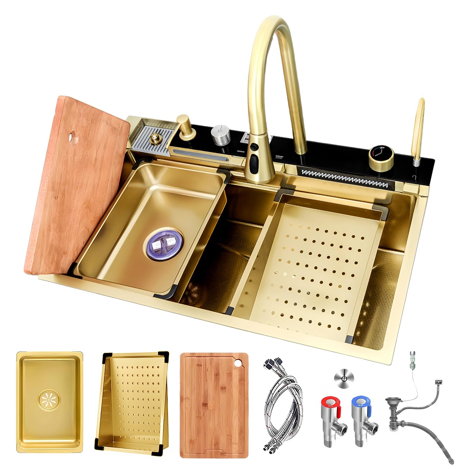 ZQFHSX Gold Kitchen Waterfall Sink, 304 Stainless Steel Sink with Integrated Pull Out Faucet, Cup Washer, Drinking Tap, Small Basin & Drain Kits, Large Dishwashing Workstation Sink(75x46x22cm)