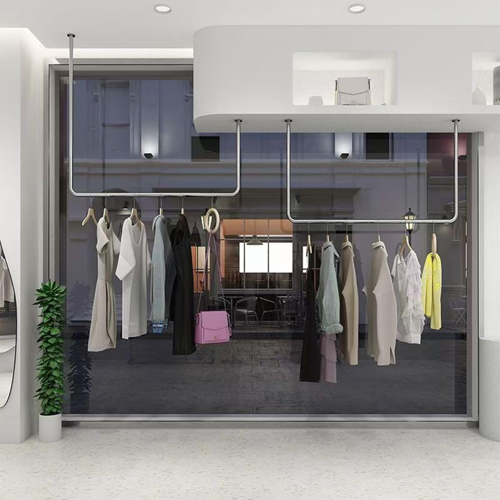 Sklep odzieżowy stojak sufitowy wieszak sufitowy, sprzedaż detaliczna kreatywne półki do przechowywania ubrań ze stali nierdzewnej wieszak na ubrania, butik sklep z ubraniami suknia ślubna
