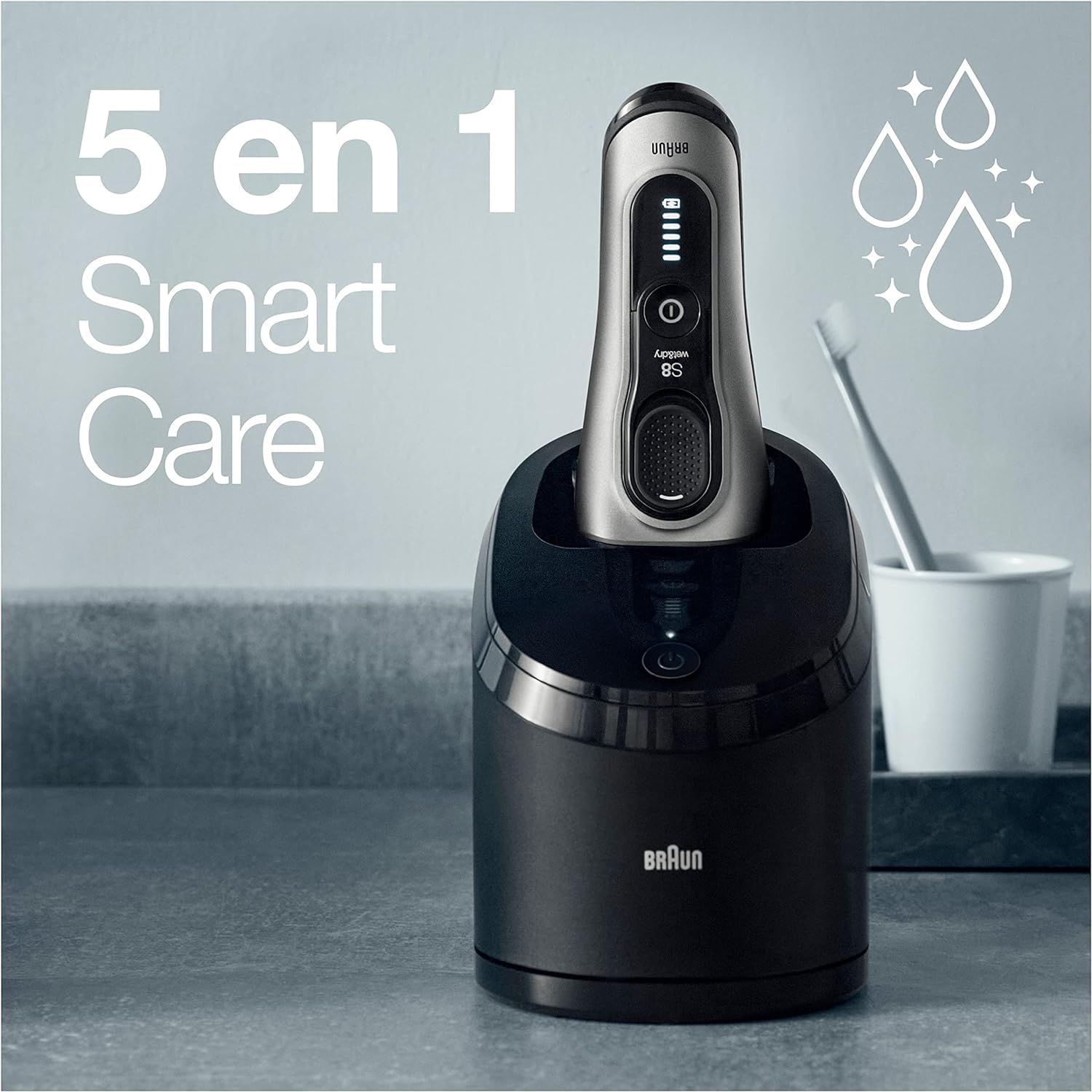 Braun Series 8 Afeitadora Eléctrica Hombre, Máquina de Afeitar Barba con Recortadora de Precisión, Tecnología Sónica, Cabezal de 40° y 3en1, Centro de Limpieza, Recargable, Inalámbrica, 8467 CC, Negro