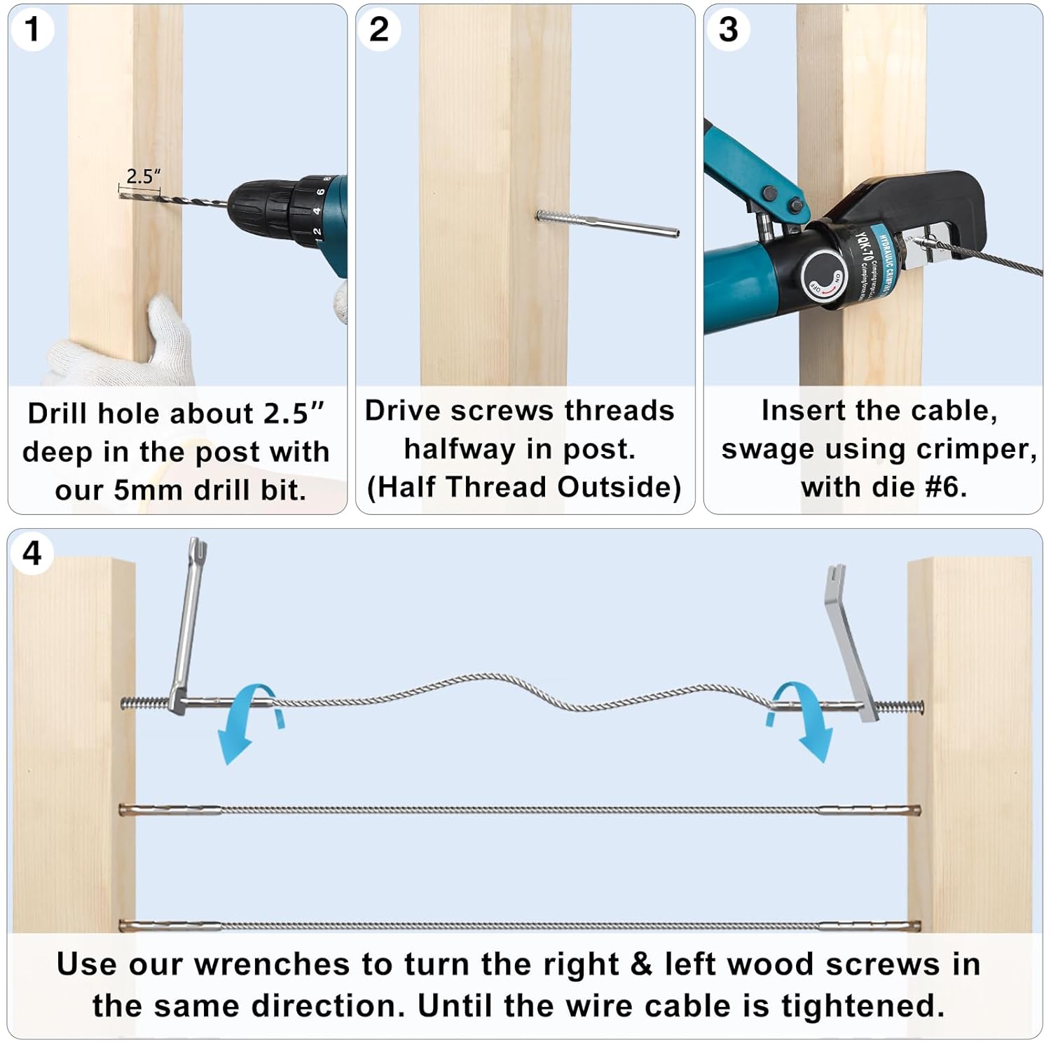 Steel DN Mate 100 Pack T316 Stainless Steel Right&Left Handed Thread Swage Lag Screws for Wood Post of 1/8" Steel Cable Railing Kit, Cable Railing Hardware, DIY Deck Railings, Wrench Include-DM50 - Image 4