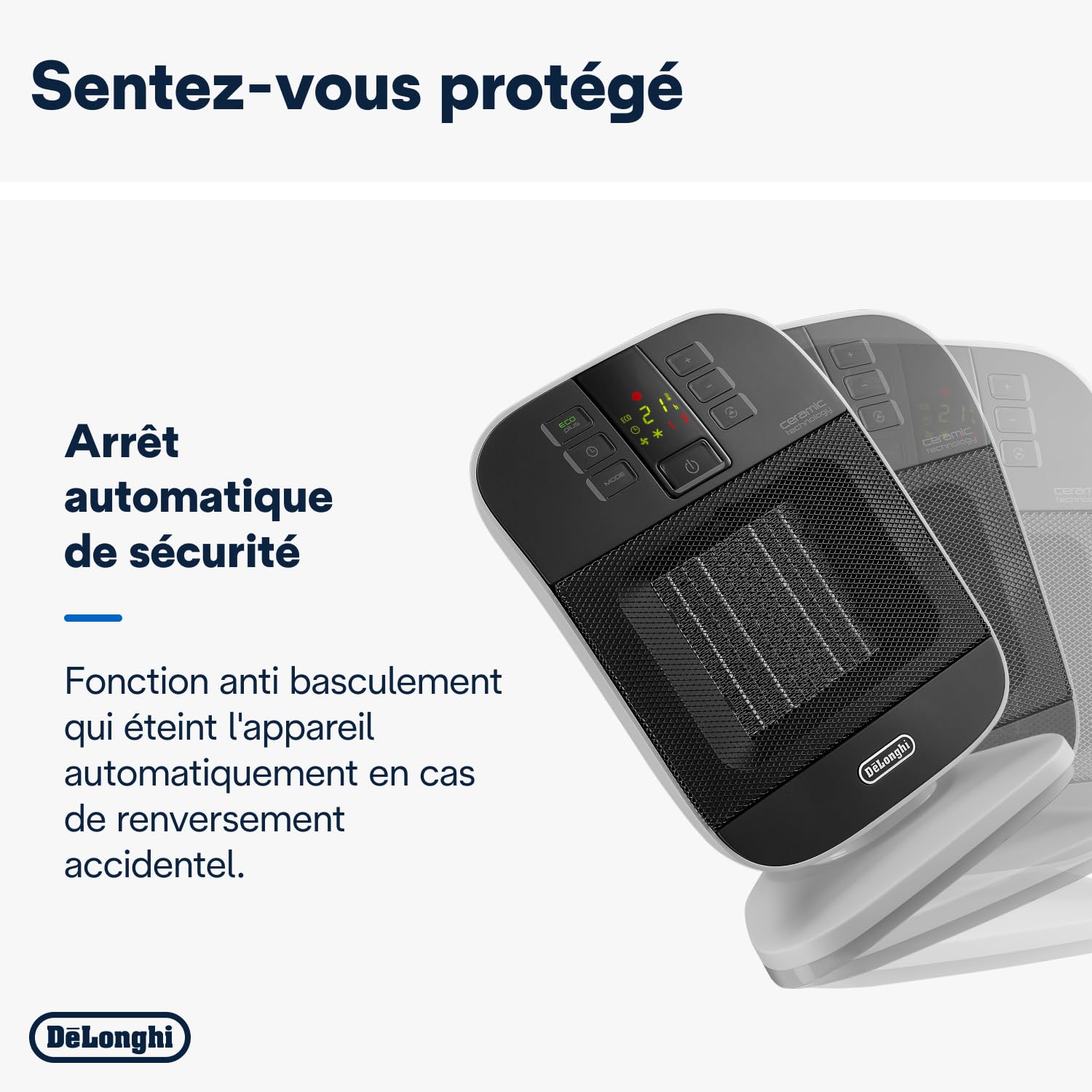 De'Longhi HFX60V20 Radiateur ventilateur vertical, technologie céramique, silencieux, 2 niveaux de puissance, ventilation d'été, minuterie 24H, fonction Eco-énergie, lumière, anti-basculement, léger,
