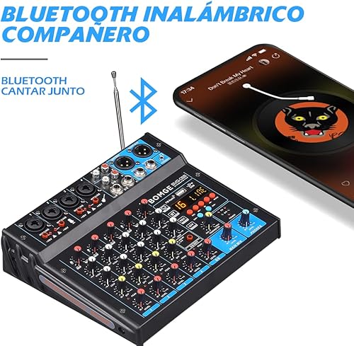 Vista 5 de BOMGE Amplificador mezclador de sonido de audio alimentado por dj de 6 canales, altavoz estéreo de 100 W, efectos de receptor de audio