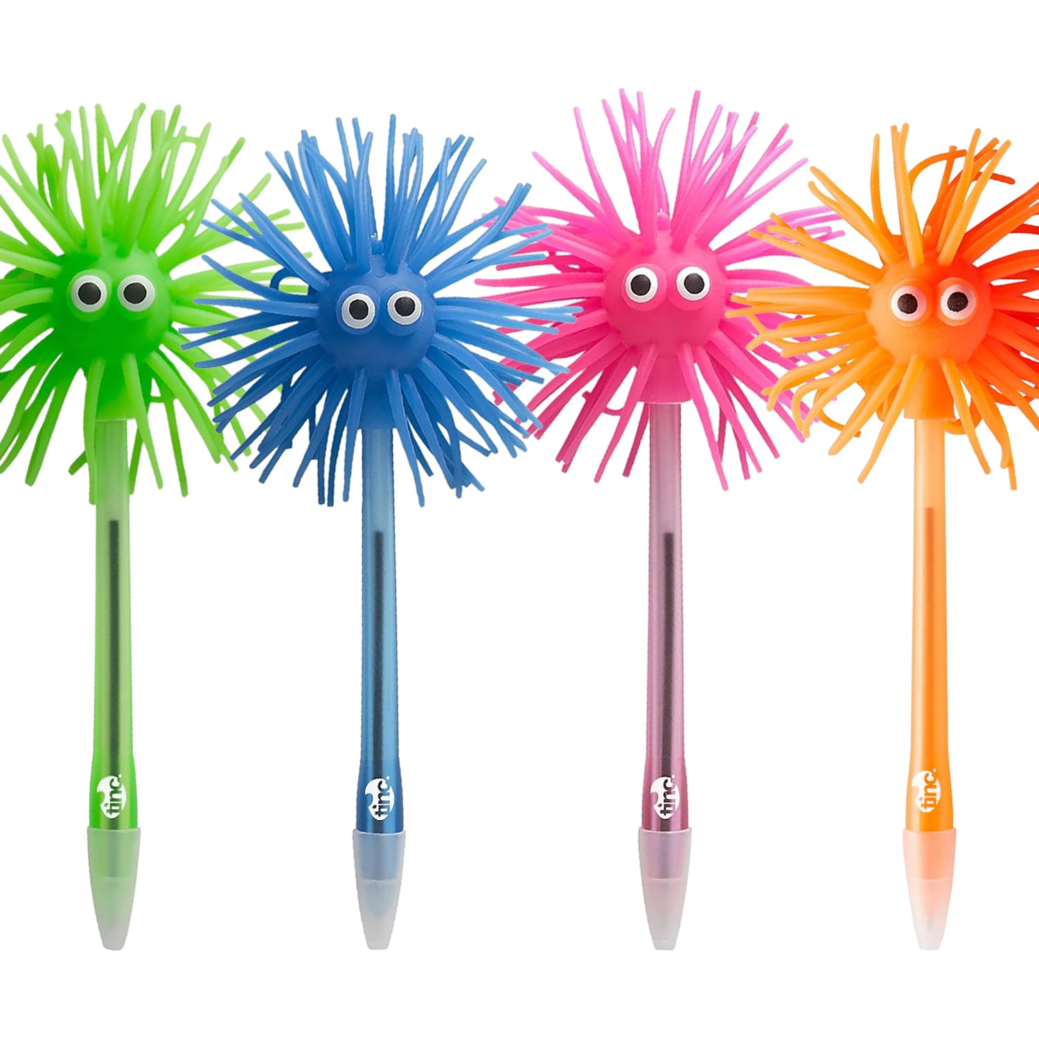 Tinc Light Up Silicone Topped Fuzzy Guy Character Ballpoint Pen with Lid - Green, Blue, Pink, & Orange - Blue Ink - Pack of 4 Novelty Fun Kid's Pens