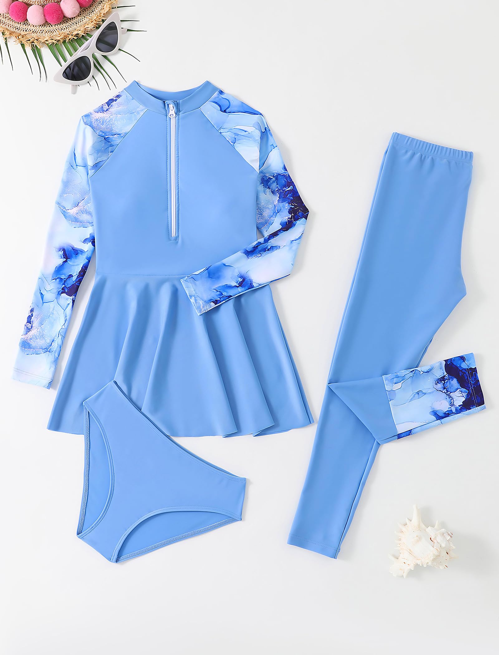Odizli Burkini Badebekleidung für Mädchen, Kinder, bescheidene Bademode, langärmelig, Reißverschluss, Oberteil + Shorts + Hose, Ganzkörper-Badeanzug für muslimischen Körper