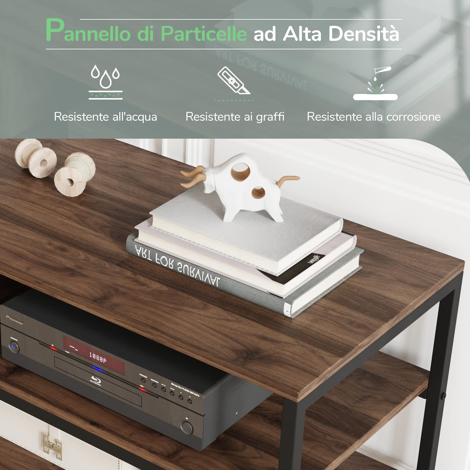 Mobile TV Basso Novilla - Per TV Fino A 50 Pollici, Design Ispirato Alla Torre, 2 Armadi, 6 Fori Passacavo, Noce