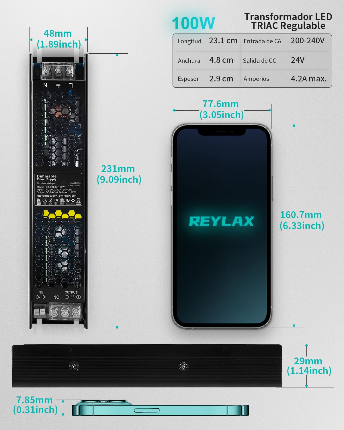 REYLAX Transformador 220V a 24V 100W 4.2A Regulable 0/1-10V y Traic, Fuente de Alimentación LED CA a CC, Adaptador de Voltaje Constante, Baja Tensión para Tira de Leds