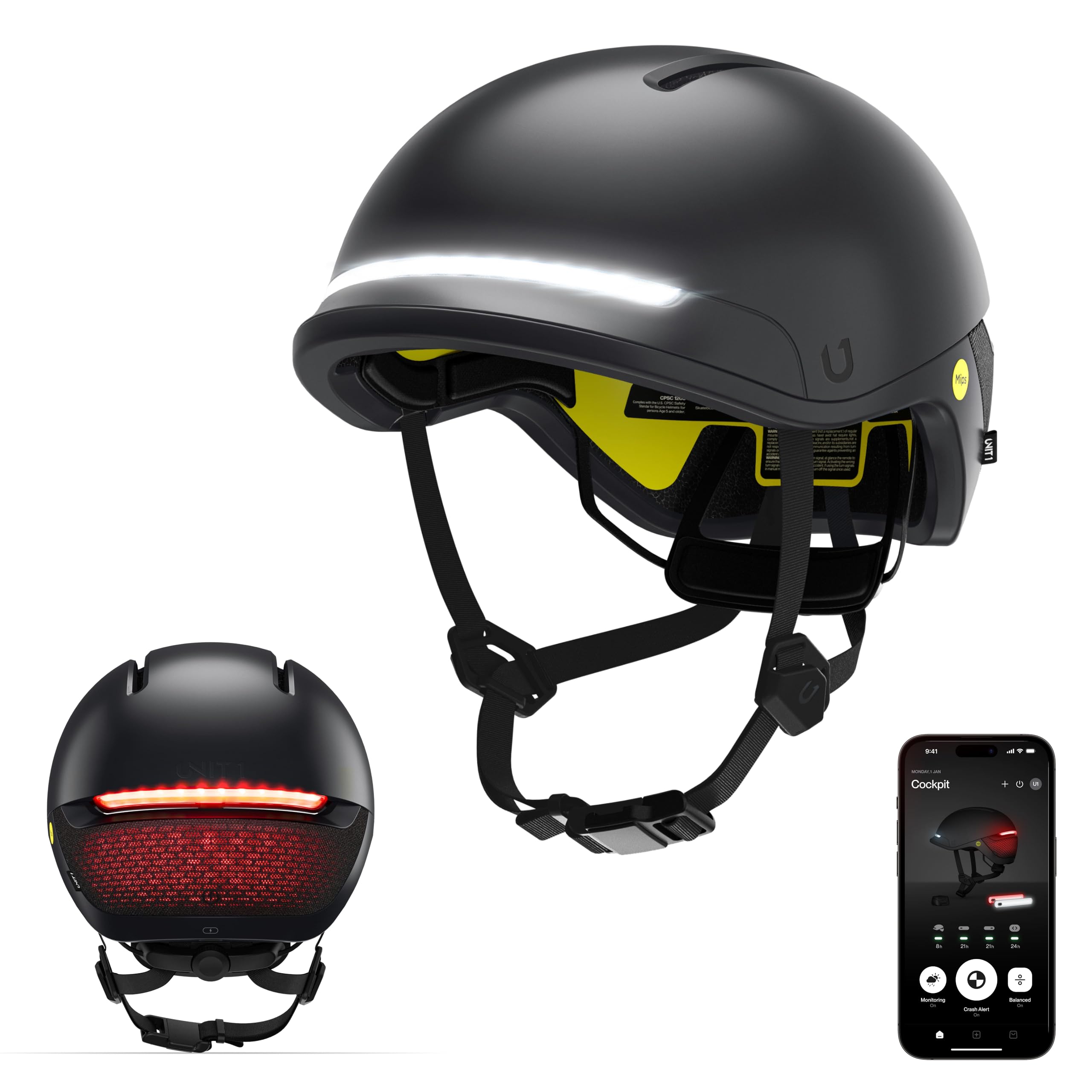 UNIT 1 Faro Smart Helmet | MIPS | Lights | Bicycle Certified, E-Bike, Scooter, Onewheel | Men, Women | Crash Detection | Turn Signals | Automatic Brake Lights | Android & iOS App