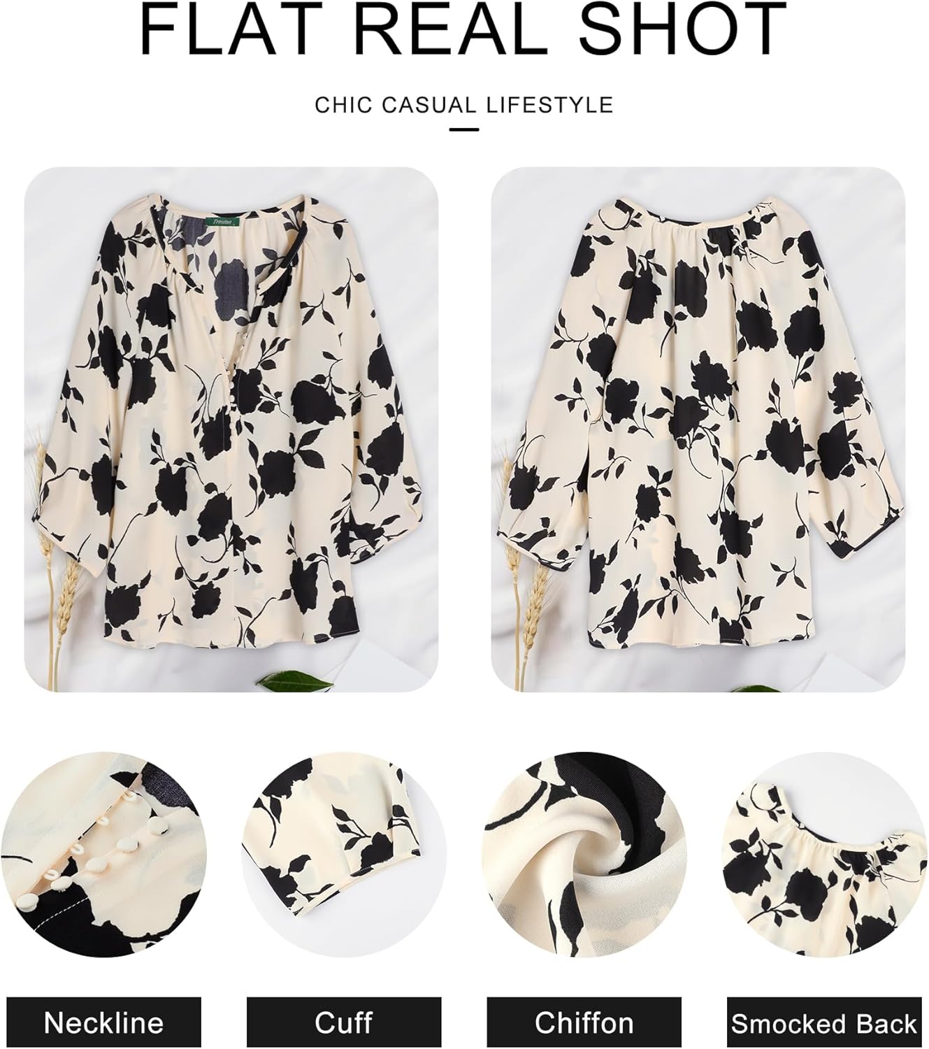 Womens Blouses Dressy Casual V Neck 3/4 Sleeve Tops Fashion Boho Chiffon Button Down Shirts - Image 6