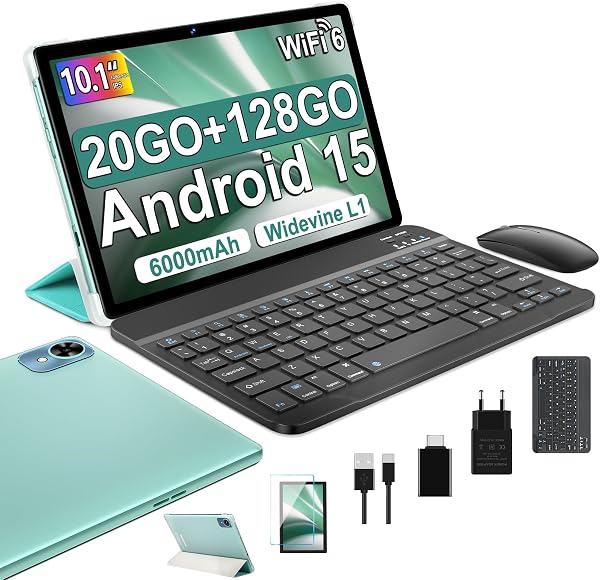 fezawio 2026 Ultimo Tablet Android 15 da 5 G Wi-FI 6,20 GB RAM+128 GB ROM (1TB TF), Octa-Core Tablet Touch PC,GMS,Widevine L1,6000 mAh,8 MP+5 MP,con tastiera+mouse e custodia,Verde - 1