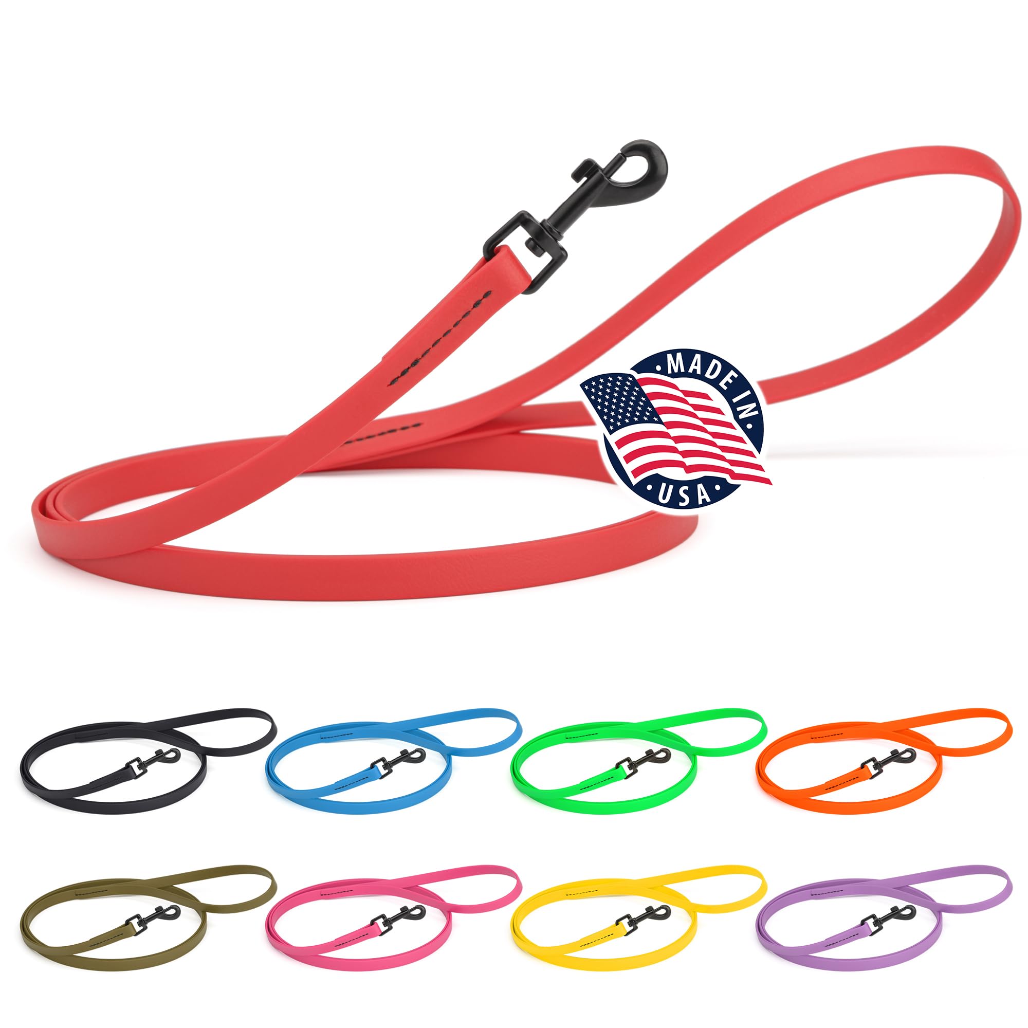 Dogline Biothane Waterproof Dog Leash Strong Coated Nylon Webbing with Black Hardware Odor-Proof Easy to Clean High Performance for Small or Large Dogs Made in USA 4 or 6 ft Lead, Cherry Red