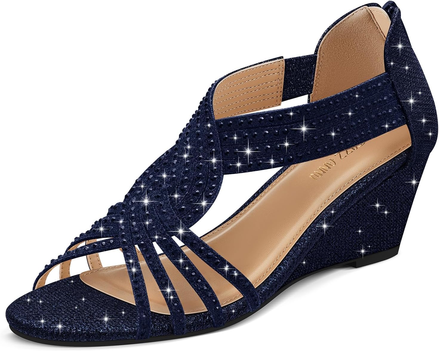 PIZZ ANNU Women's Diana Low Wedge Sandals Sparkly Rhinestone Open Toe Fashion Dress Shoes for Woman Lady in Bridal Dance Evening