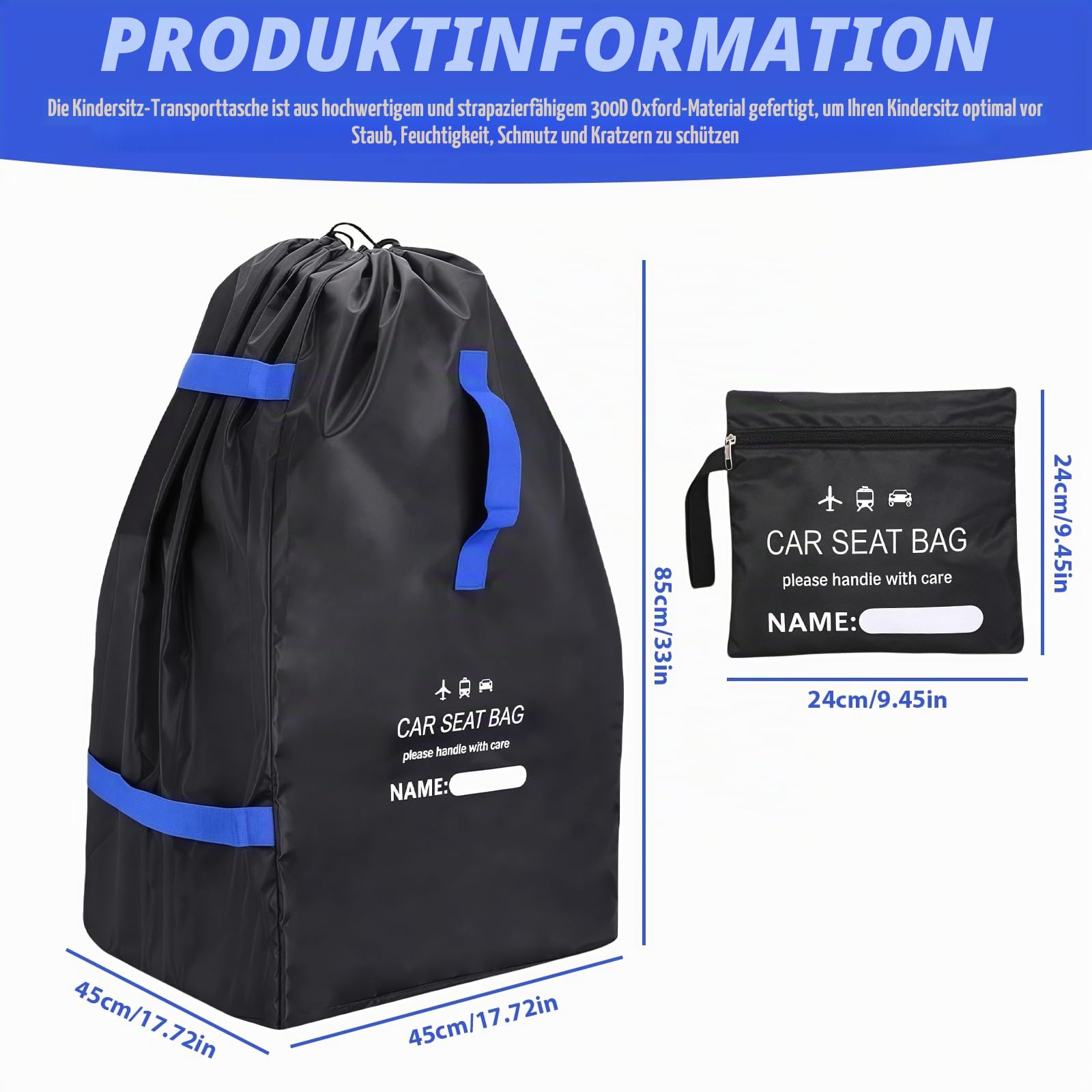 Transporttasche Kindersitz, Gate Check Reisetasche für Flugreisen, Kindersitz Transporttasche, Transportable Reisetasche, für Kinderwagen, Buggy Kindersitz - 85 x 45 x 45 cm - Schwarz + Blau
