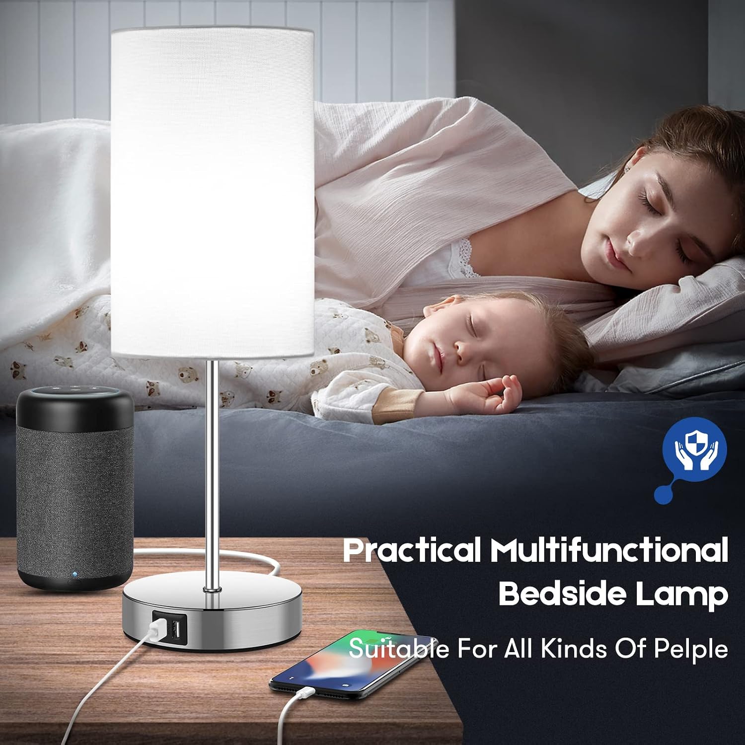 Touch Control Table Lamps Set of 2, 3 Way Dimmable Modern Nightstand Lamps with USB Charging Ports & AC Outlet, Brushed Nickle Bedside Desk Lamps with White Shades for Bedroom, 5000K LED Bulb Included