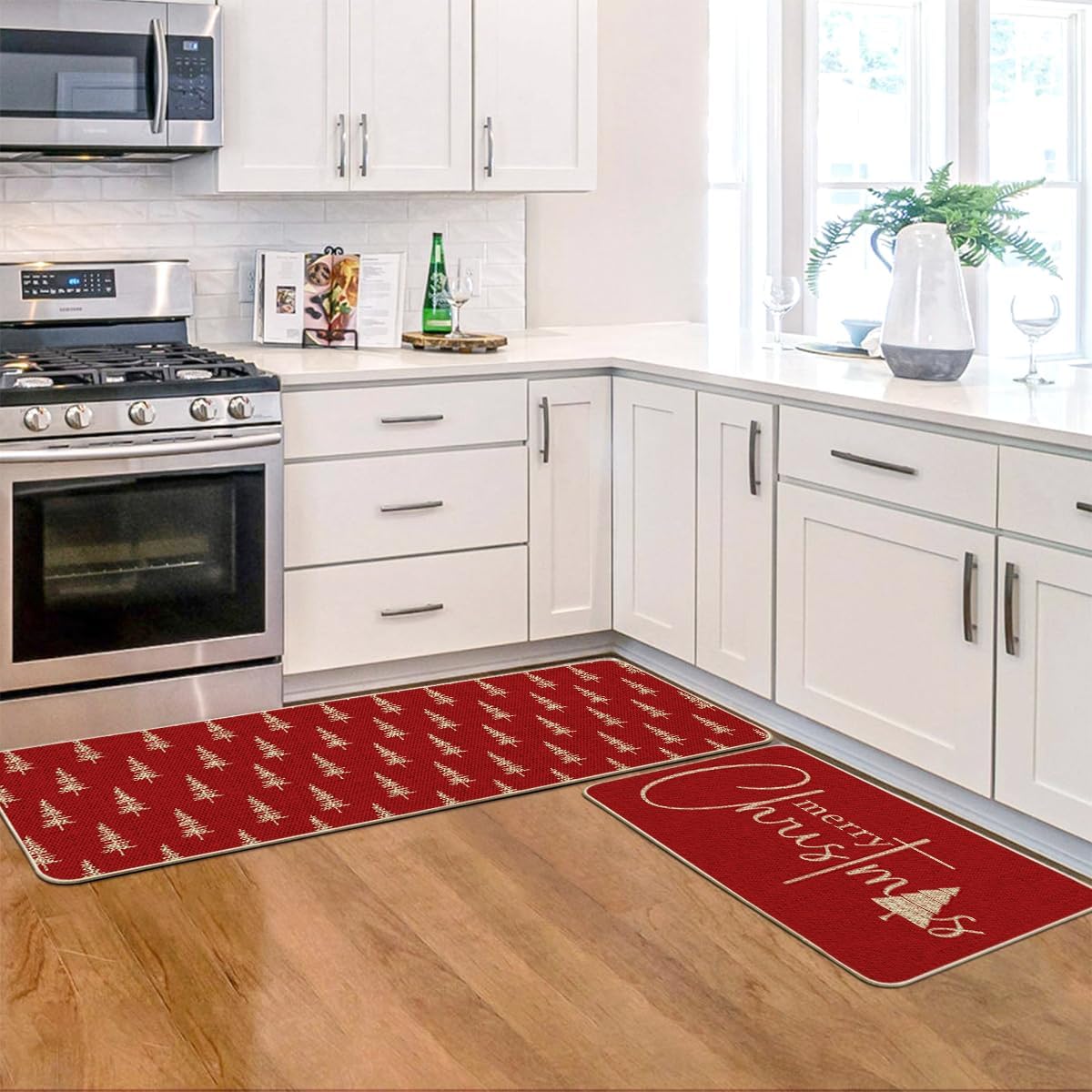 Artoid Mode Red Xmas Tree Merry Christmas Kitchen Mats Set of 2, Winter Home Decor Low-Profile Kitchen Rugs for Floor - 17x29 and 17x47 Inch