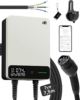 dé Borne de Recharge Véhicule Électrique 7kW avec APP et Câble Type 2 7,5m | Wallbox 7kw type 2 monophasé, IP54, RFID, 6-32A (230V), départ différé 0,5-8 h, RCD Type A 30mA AC + 6mA DC, Blanc