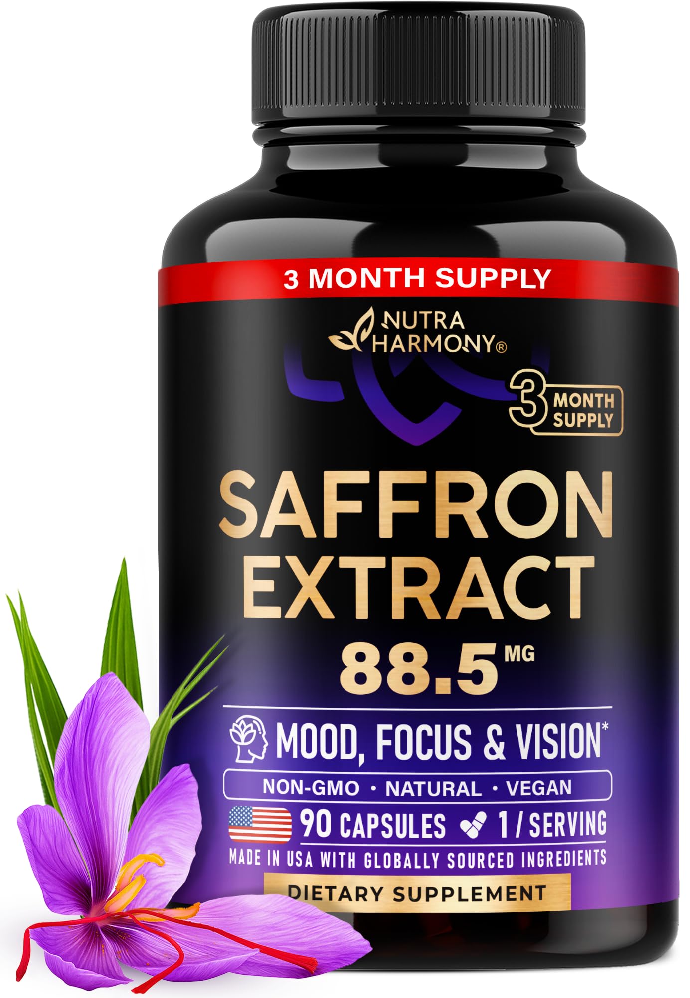 Natural Saffron Supplements - Pure Saffron Extract 88.5 mg - Made in USA - Mood | Focus | Vision | Energy Support - Eye Health for Women & Men - NonGMO Vegan Pills - 90 Powder Capsules, 3 Month Supply